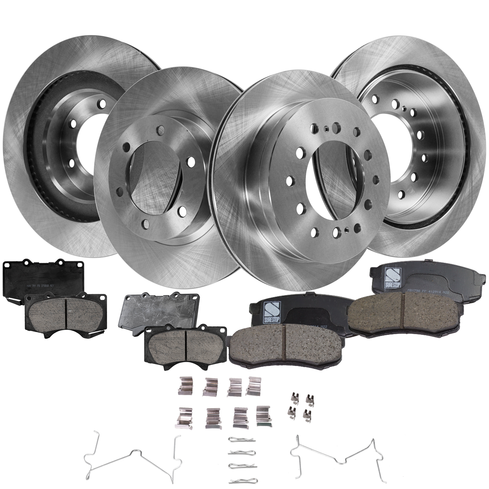 AM 4RUNNER GX470-03-09 FRONT AND REAR BRAKE DISC AND PAD KIT 8 pc kit Plain Surface SKU KIT 080621-1391 OEM 4351260150-4351260151-42431602