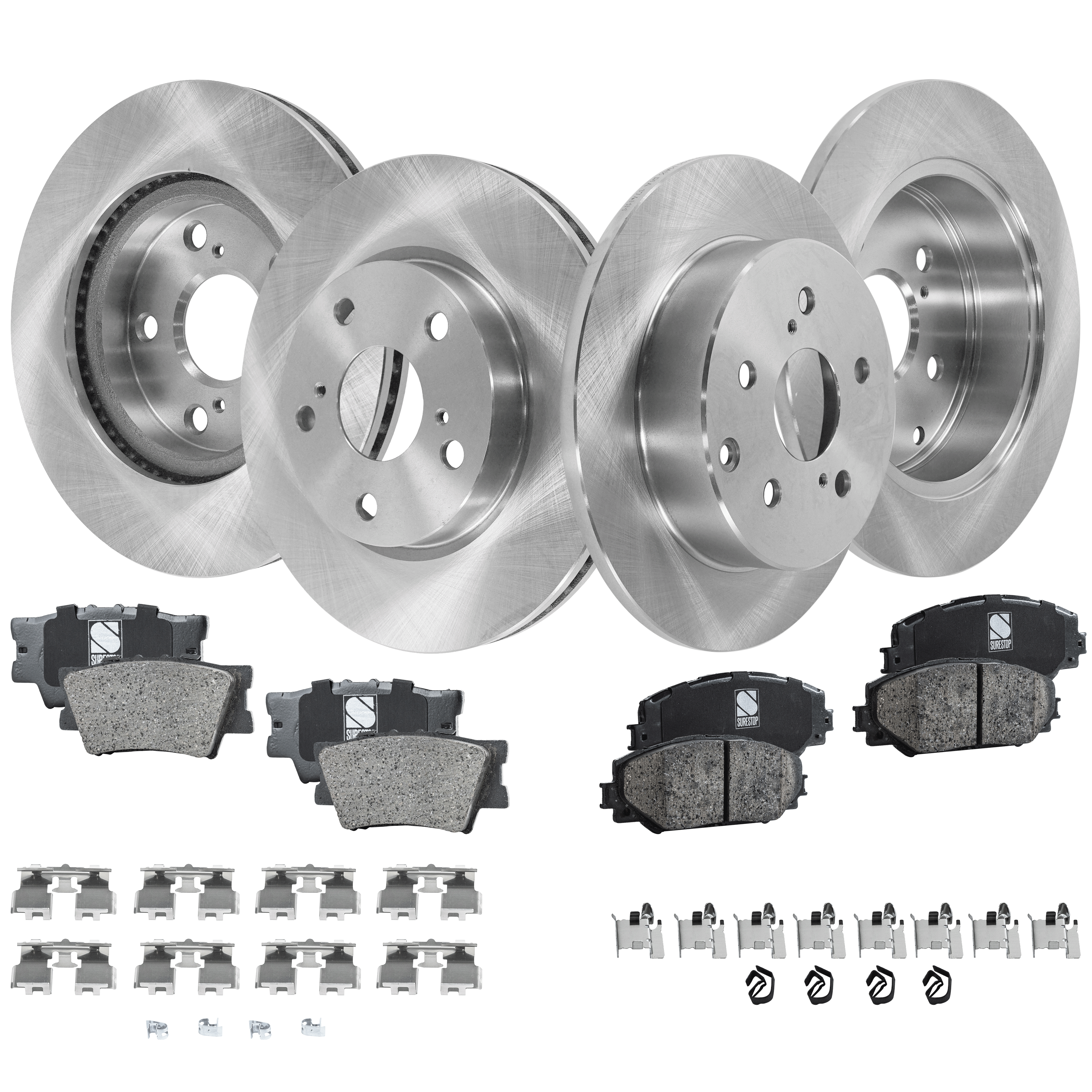 AM RAV4-09-18 FRONT AND REAR BRAKE DISC AND PAD KIT 4 Wheel Set Plain Surface SKU KIT 080621-1392 OEM 4351242040 CH37A036-4351230320