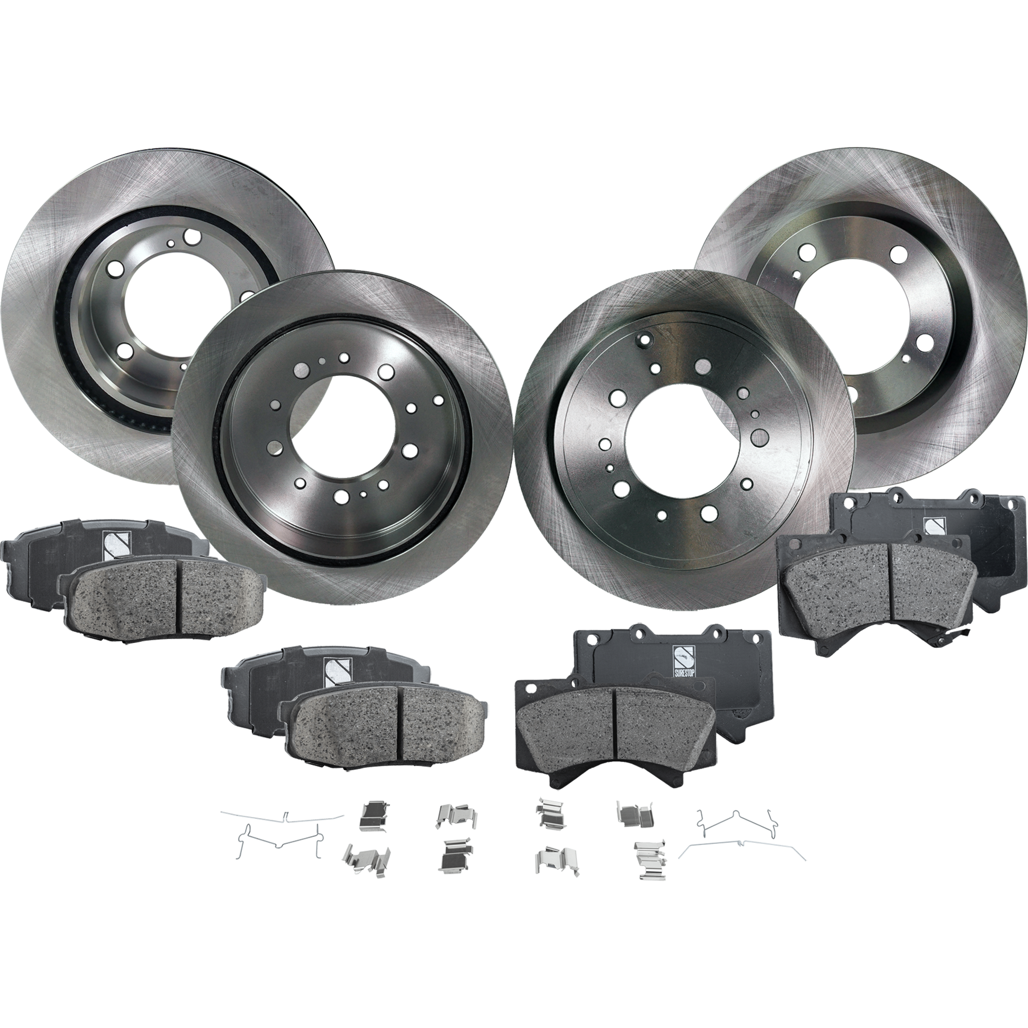 AM LAND CRUISER 08-20 LX570-08-16 FRONT AND REAR BRAKE DISC AND PAD KIT 8 pc kit Plain Surface SKU KIT 080621-1404 OEM 424310C010-424310C011-43512601