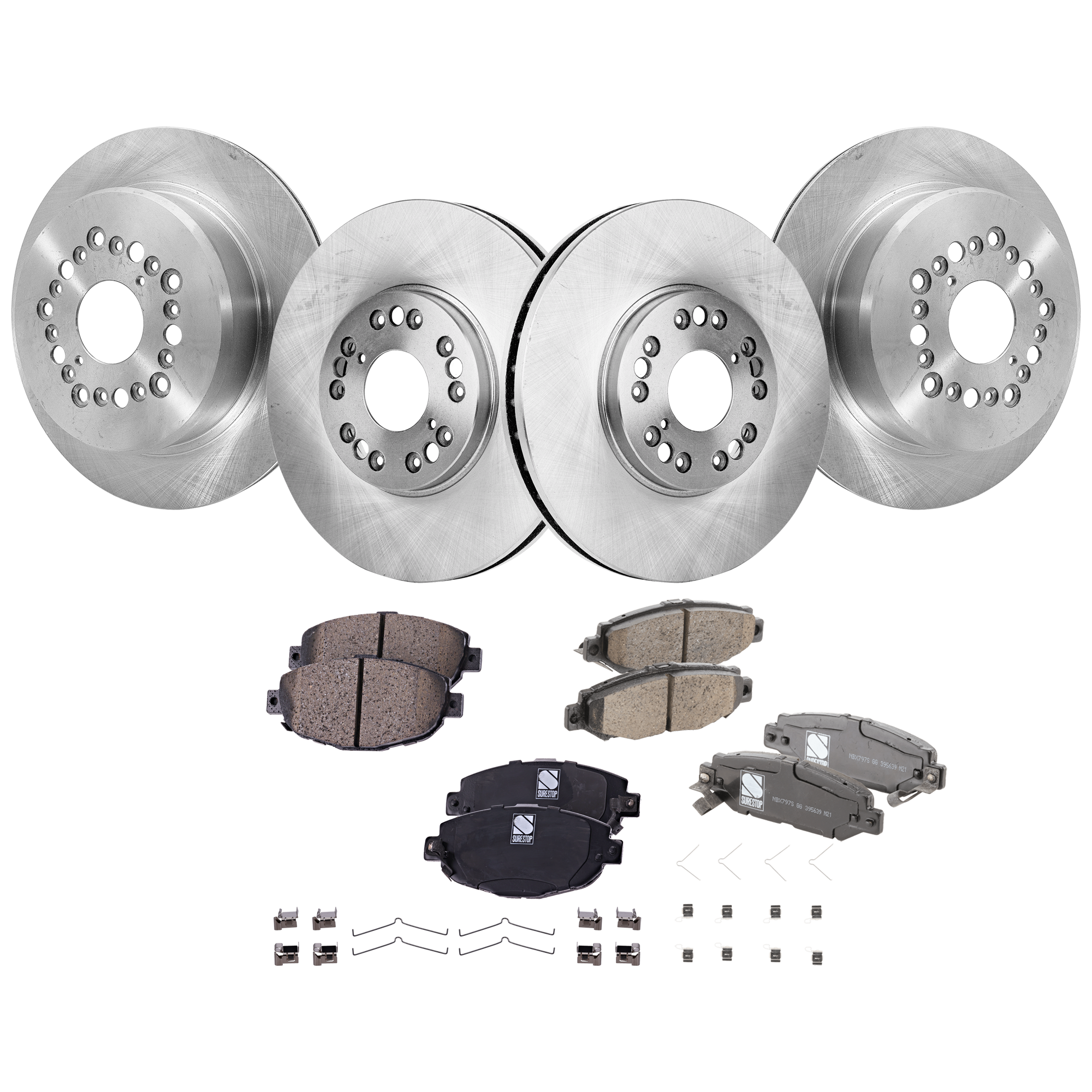 AM SC400-92-00 SC300-99-00 FRONT AND REAR BRAKE DISC AND PAD KIT 4 Wheel Set Plain Surface SKU KIT 080621-1410 OEM 4243130140-4243130190-42431500