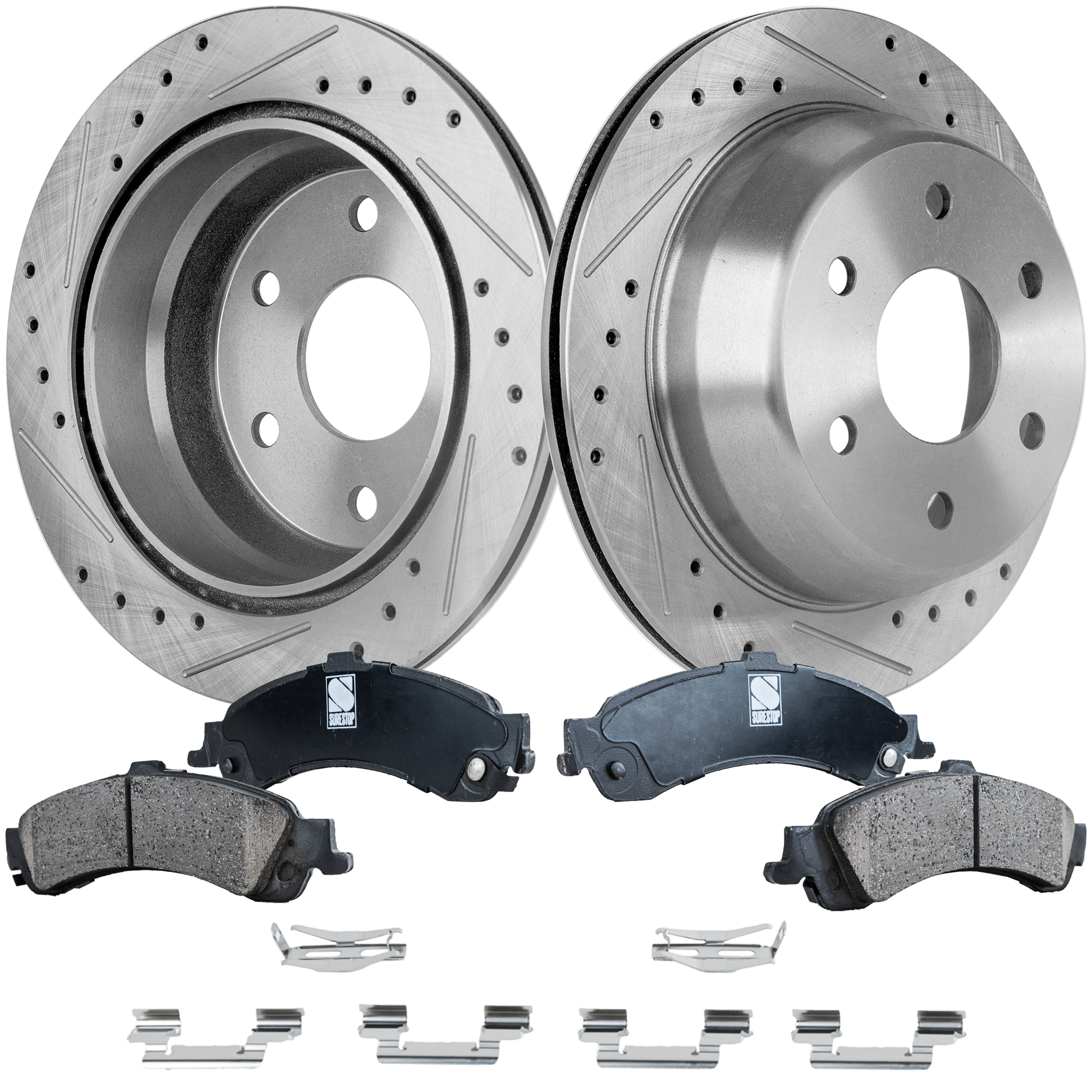 AM SUBURBAN 1500-01-02 REAR BRAKE DISC AND PAD KIT 2 Wheel Set Cross drilled and Slotted SKU KIT 080621-761 OEM 90048037-56827FZN 18043517-180