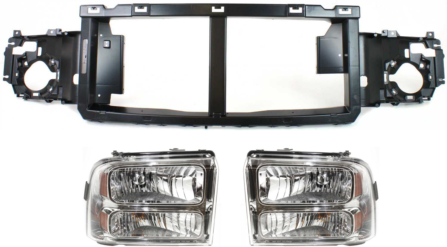 AM F 250 SUPER DUTY F 350 SUPER DUTY 05-07 HEAD LAMP RH AND LH Assembly Halogen 3 pc Kit with Header Panel SKU KIT 080817-105 Partslink FO2502217 FO2503217 FO1221135 FO1220240 OEM 6C3Z13008AB 6C3Z13008BB 6C3Z8A