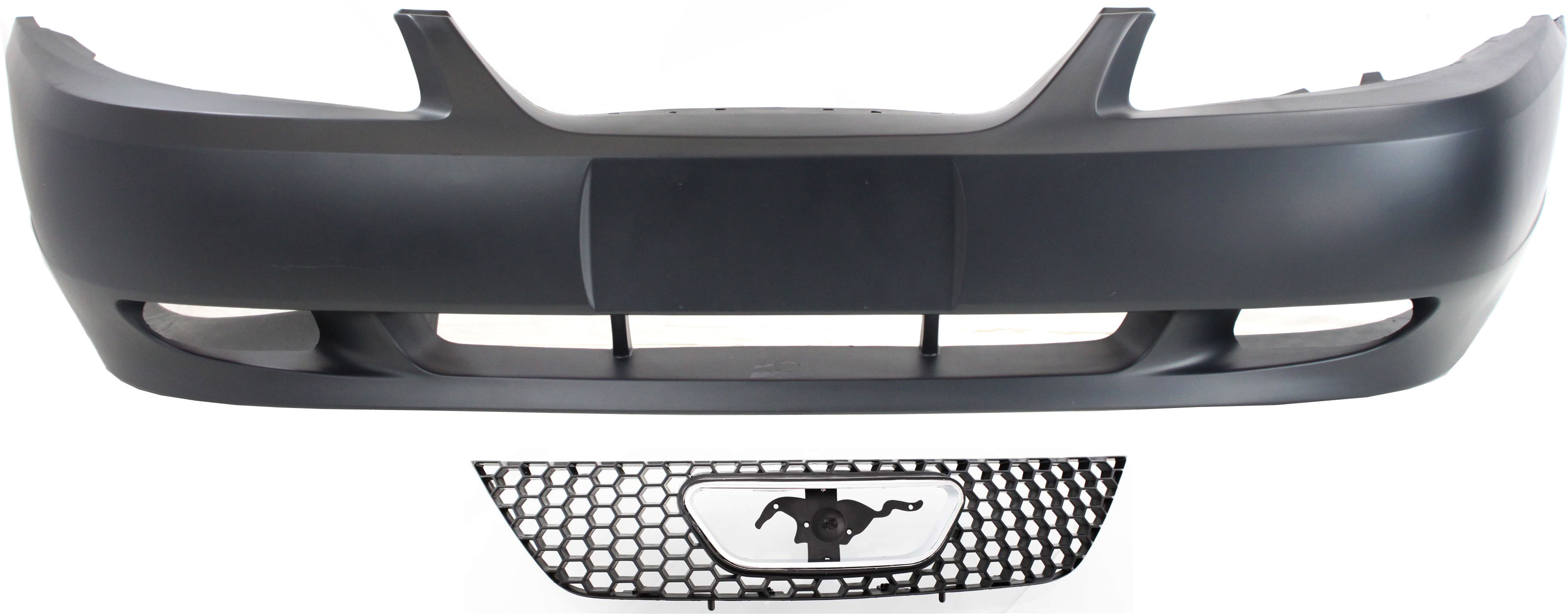AM MUSTANG 99-04 FRONT BUMPER COVER 2 pc Kit w o Emblem with Grille SKU KIT 080817-120 Partslink FO1000439 FO1200357 OEM YR3Z17D957GA XR3Z8200AA