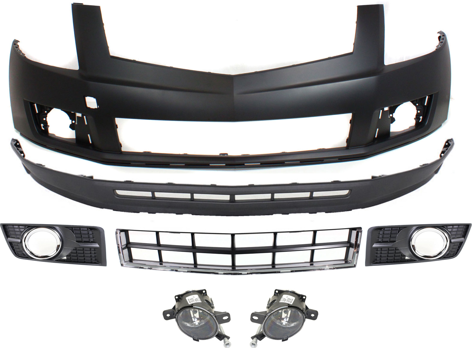 AM SRX 10-12 FRONT BUMPER COVER Upper and Lower 7 pc Kit with Bumper Grille Fog Light Trims and Fog Lights SKU KIT 080817-42 Partslink GM1000917 GM1015108 GM1036129 GM2592301 GM2593301 GM1038125 GM1039125 OEM 20847177-22869264-25778326-947