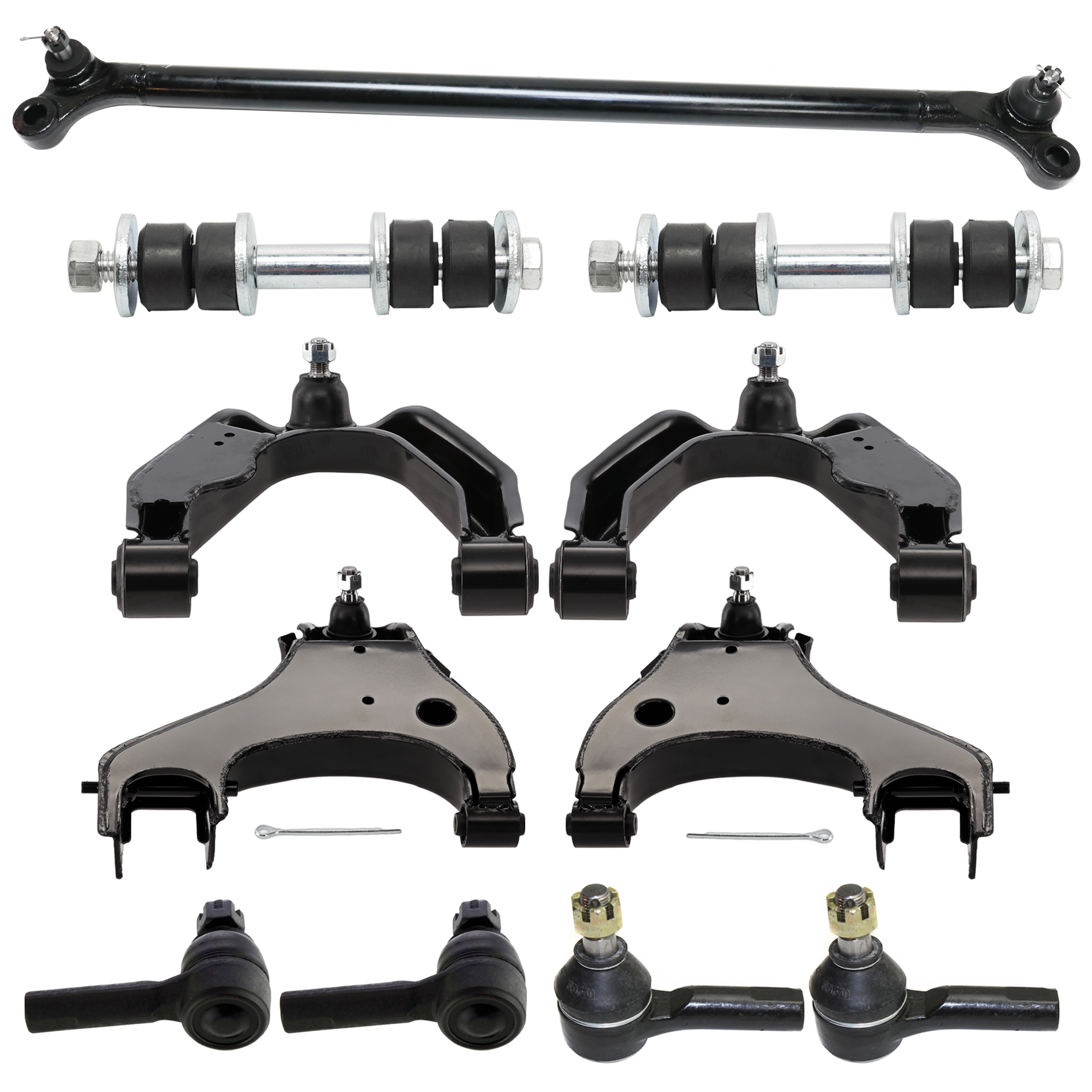 AM XTERRA 00-04 FRONT SUSPENSION KIT RH AND LH 11 pc Kit with Control Arm Center Link Tie Rod End and Sway Bar Link SKU KIT 080824-27 Partslink NI4512100 NI4513100 NI4510103 NI4511103 OEM CL69049 GDS80593 JTY7510-54
