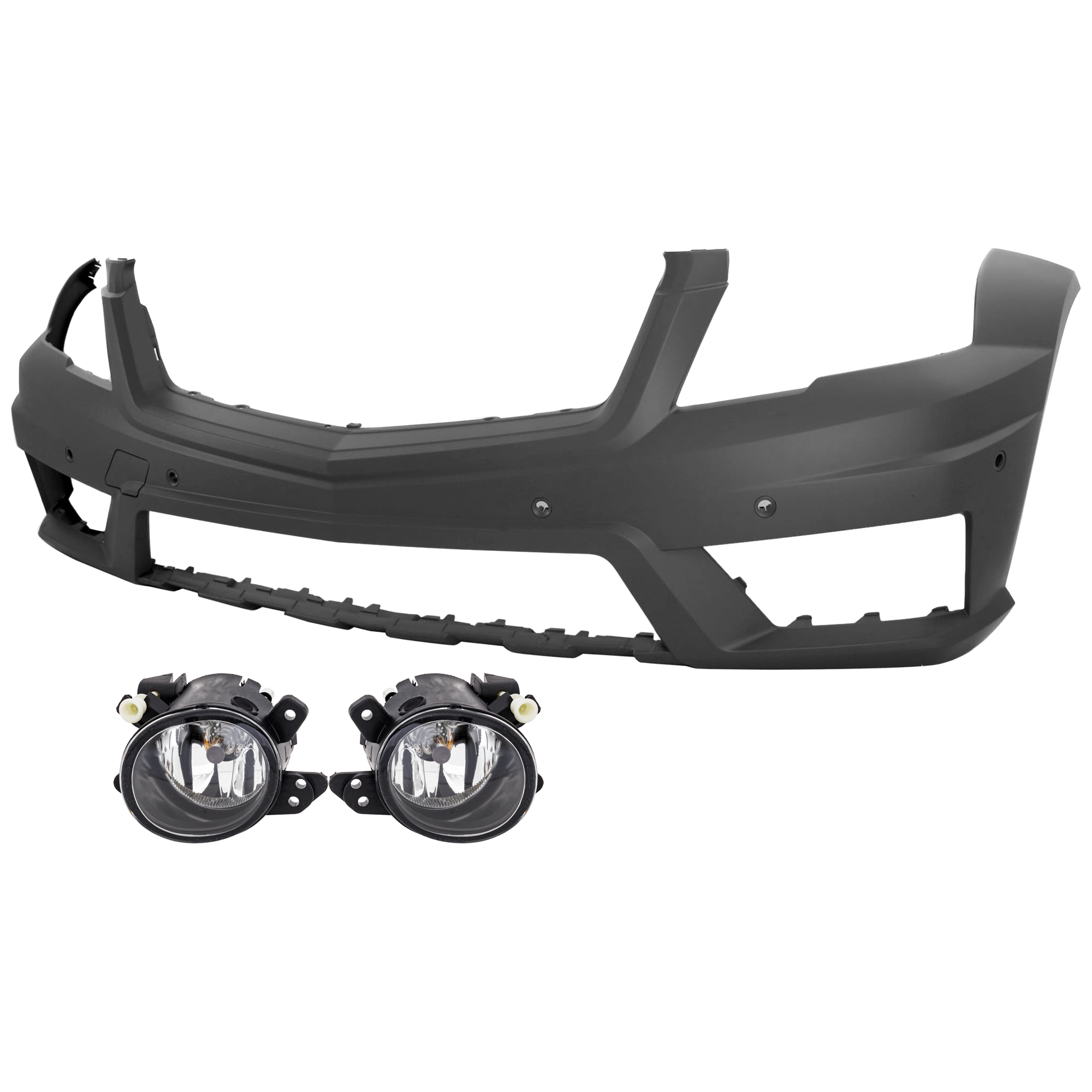 AM GLK350-10-12 FRONT BUMPER COVER 3 pc Kit Primed w AMG Styling Pkg w o HLW Holes w Parktronic Holes SKU KIT 080826 RR386 Partslink MB1000361 MB2593114 MB2592114 OEM 2048858225-2518200856-25182007