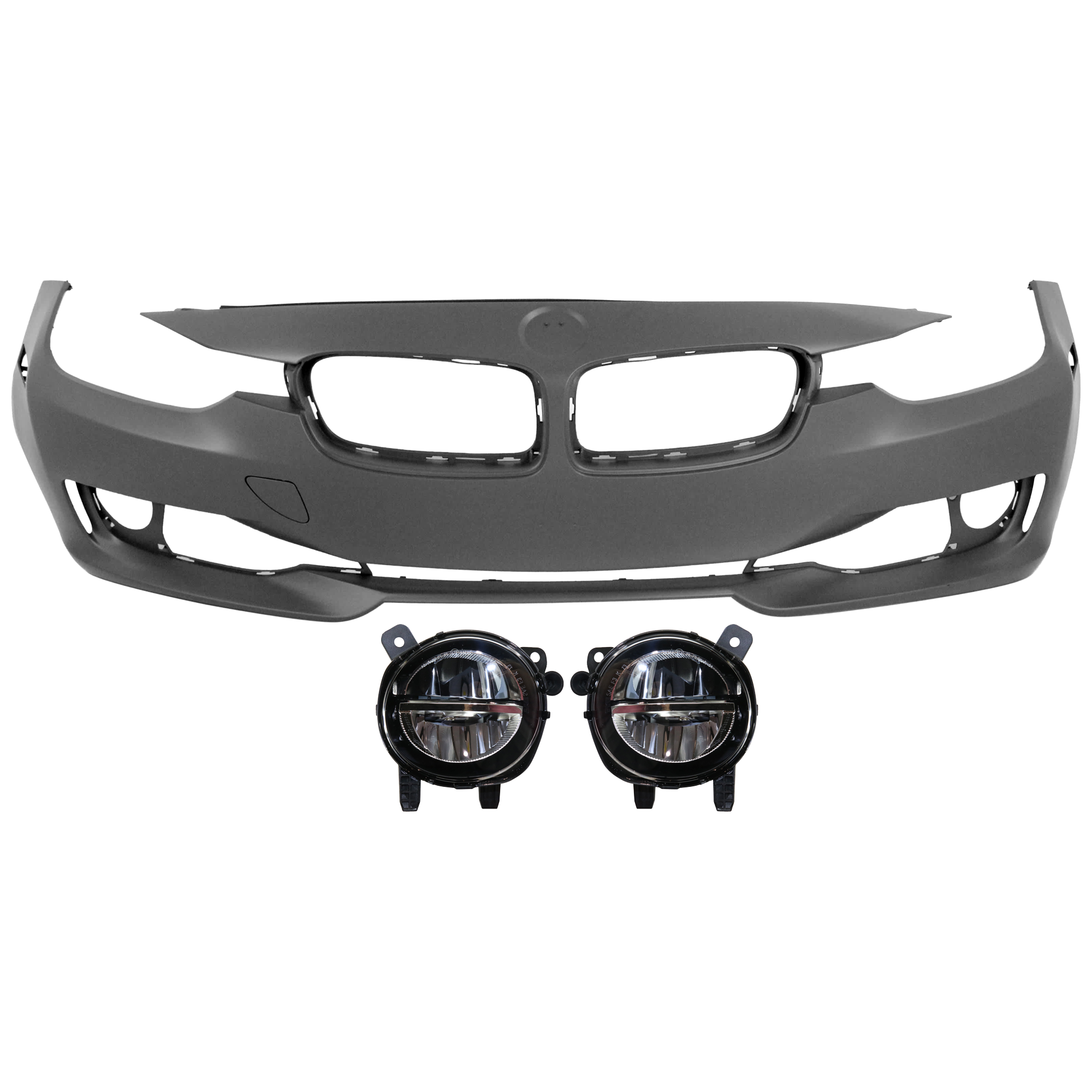 AM 3 SERIES 13-15 FRONT BUMPER COVER 3 pc Kit Primed Exc. M3 Model Standard w o M Sport Line Sedan Wagon w o HLW Cam Holes w PDC Sensor IPAS Holes SKU KIT 080826 RR41 Partslink BM1000263 BM2593153 BM2592153 OEM 51117293013-63177315560-631773