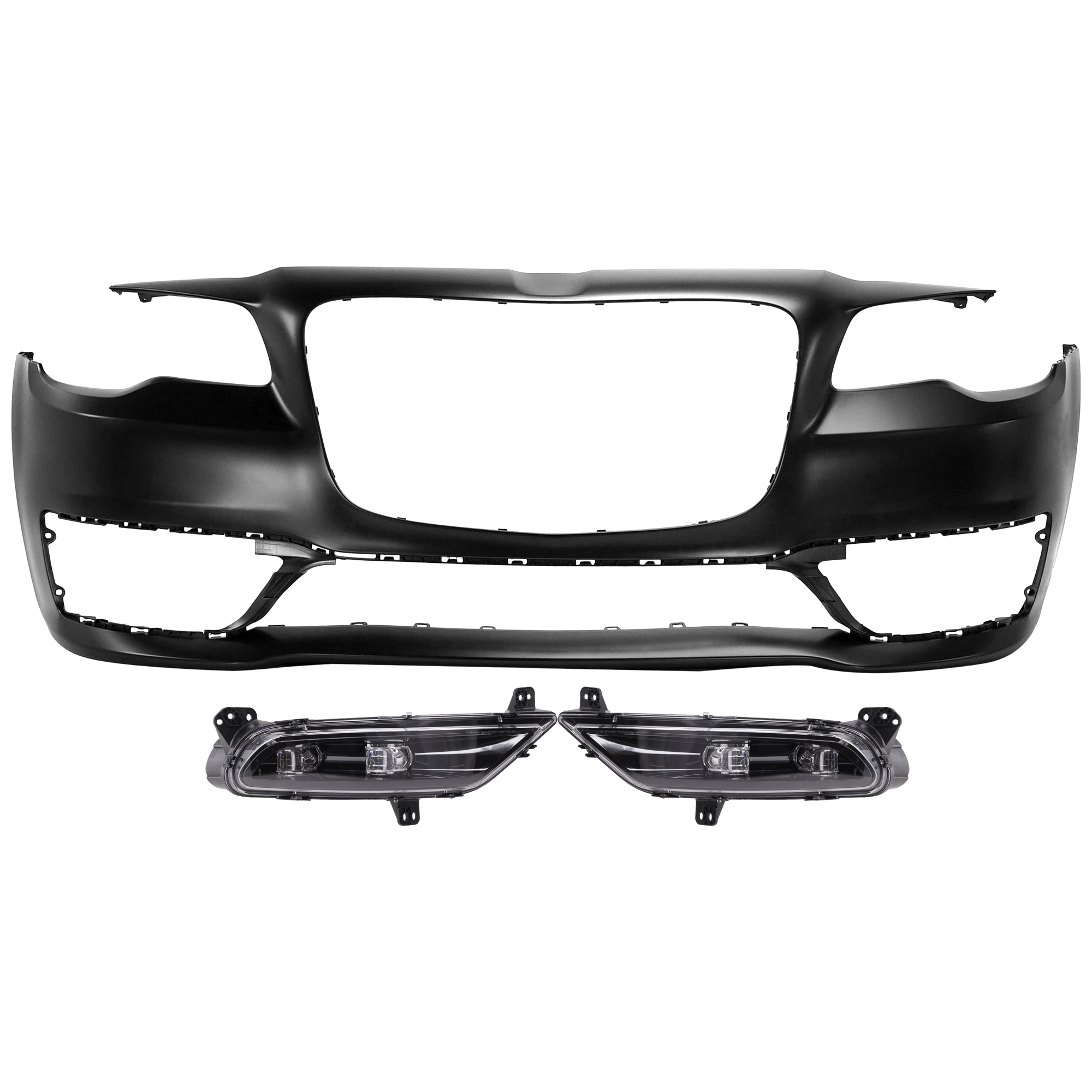 AM CHRYSLER 300-17-23 FRONT BUMPER COVER 3 pc Kit Primed w o Parking Aid Sensor Holes Type 2 w o Tow Hook Hole SKU KIT 080826 RR47 Partslink CH1000A36 CH2593154 CH2592154 OEM 5PP58TZZAD 68294008AA 68294009
