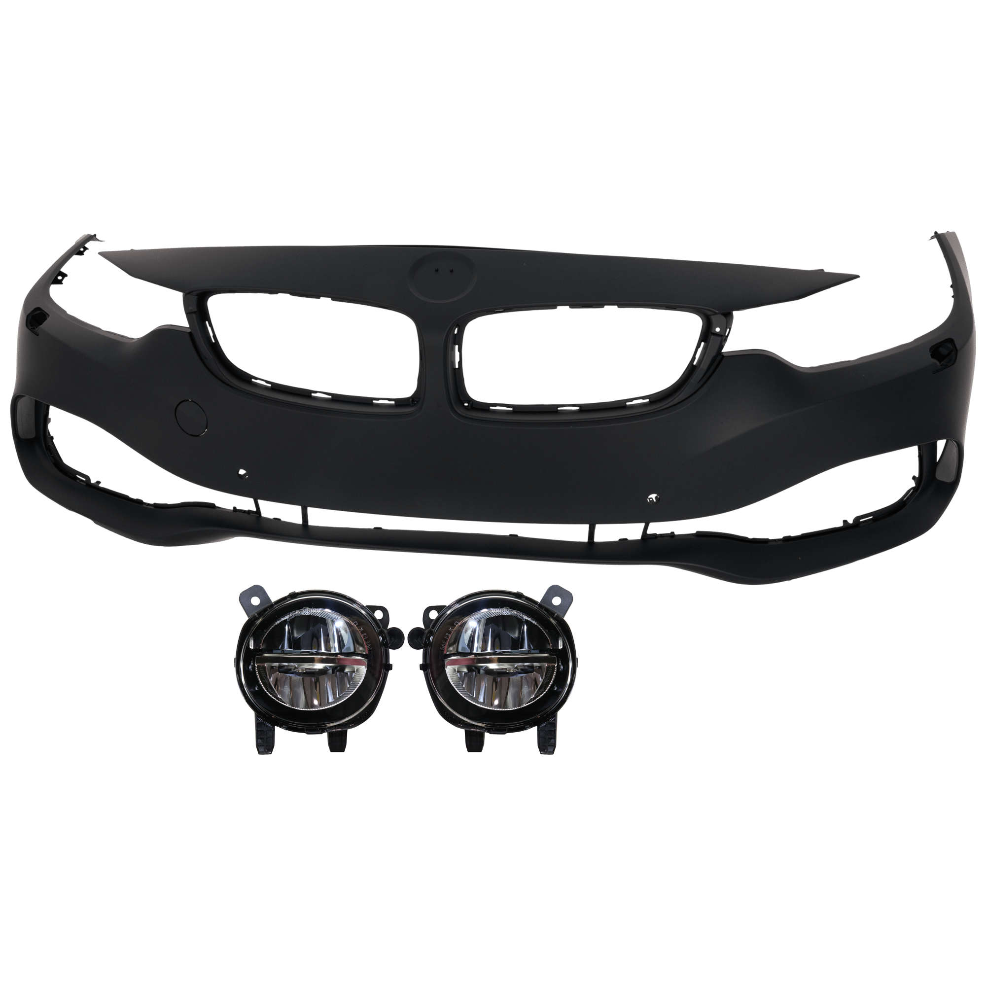 AM 4 SERIES 14-16 FRONT BUMPER COVER 3 pc Kit Primed w o M Sport Pkg Convertible Coupe w HLW PDC Sensor and IPAS Holes w o Cam Holes SKU KIT 080826 RR64 Partslink BM1000387 BM2593153 BM2592153 OEM 51117363282-63177315560-631773