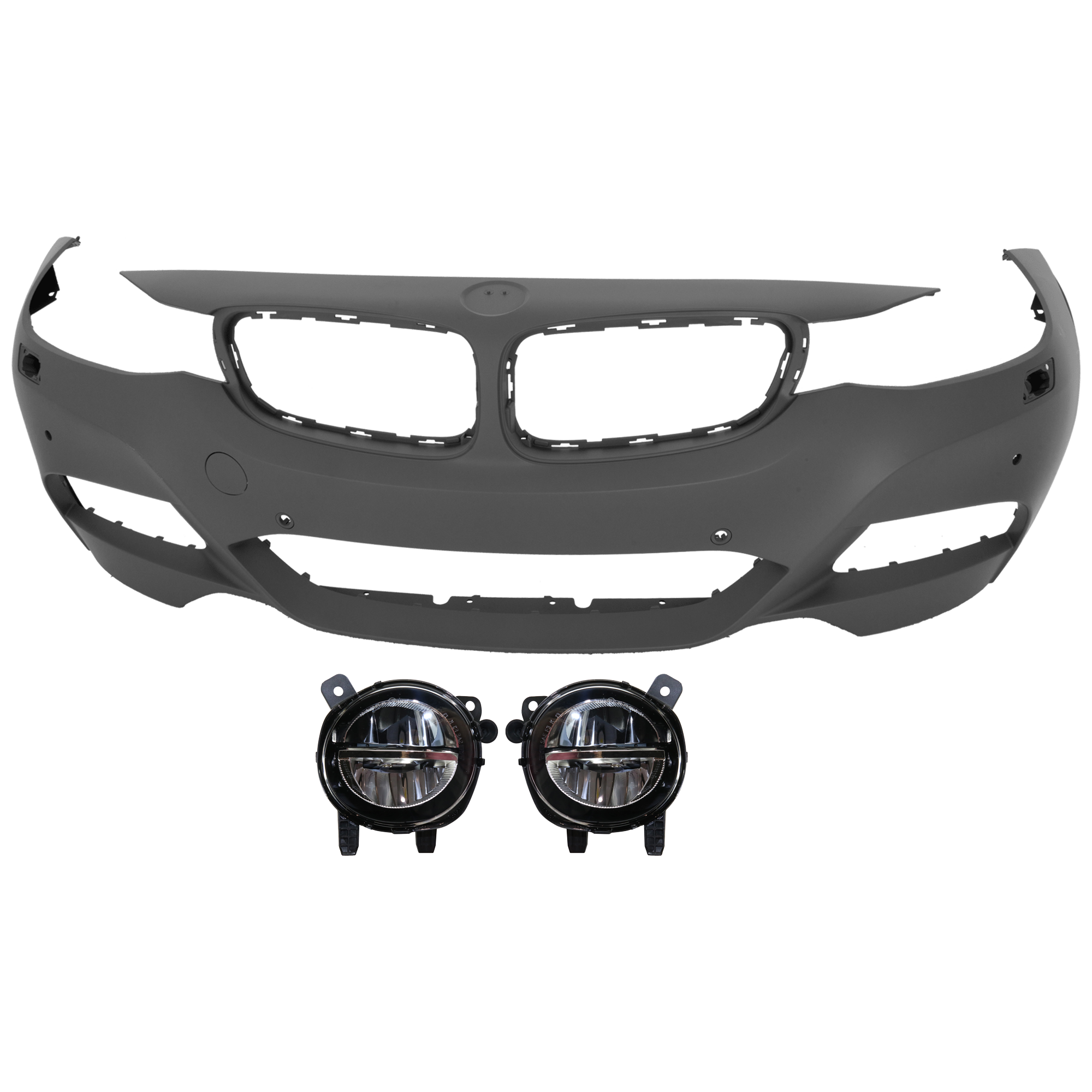 AM 3 SERIES GT 17-19 FRONT BUMPER COVER 3 pc Kit Primed w M Sport Pkg w HLW PDC Sensor and Camera Holes w o Park Assist Sensor Holes SKU KIT 080826 RR65 Partslink BM1000418 BM2593153 BM2592153 OEM 51118061649-63177315560-631773