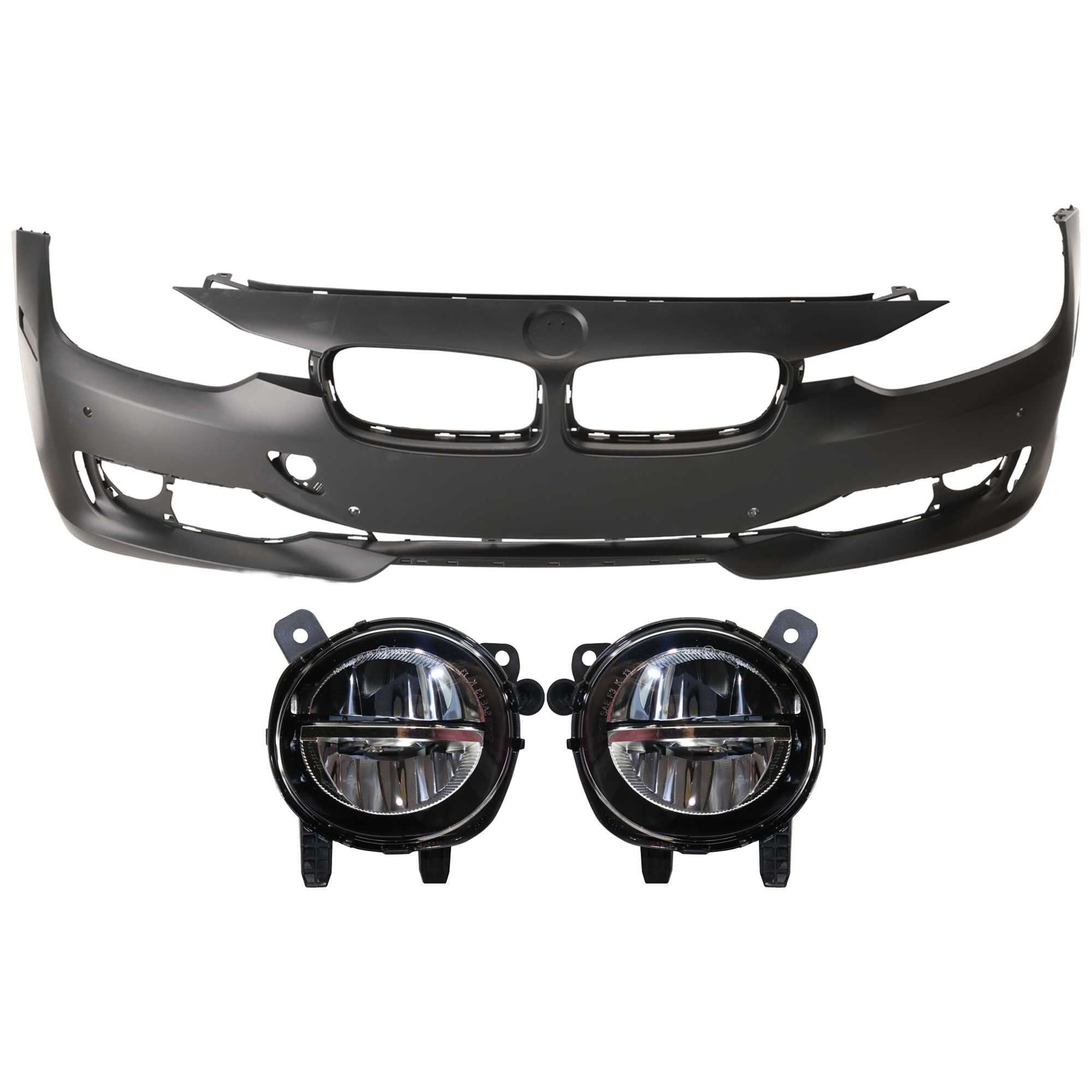 AM 3 SERIES 13-15 FRONT BUMPER COVER 3 pc Kit Primed Luxury Modern Sport Line w o M Sport Line Sedan Wagon w PDC Sensor Holes w o IPAS Cam HLW Holes SKU KIT 080826 RR71 Partslink BM1000275 BM2593153 BM2592153 OEM 51117293086-63177315560-631773