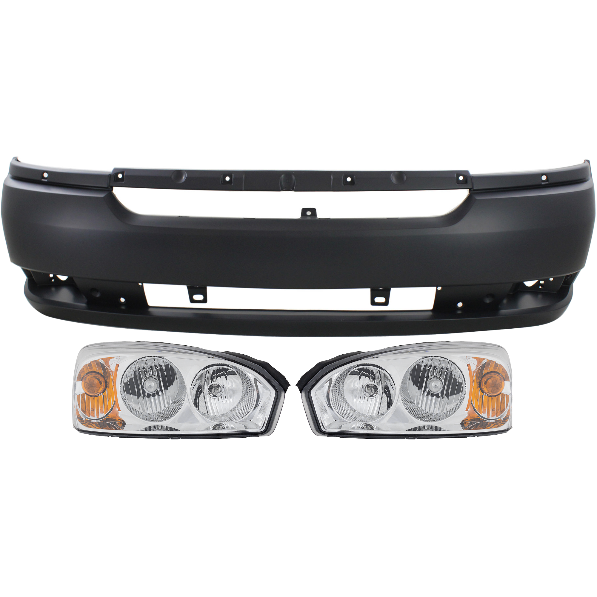 AM MALIBU 04-05 HEAD LAMP RH AND LH Assembly Halogen 3 pc Kit with Bumper Cover SKU KIT 080918-06 Partslink GM2502235 GM2503235 GM1000711 OEM 15851372-15851373-19120531