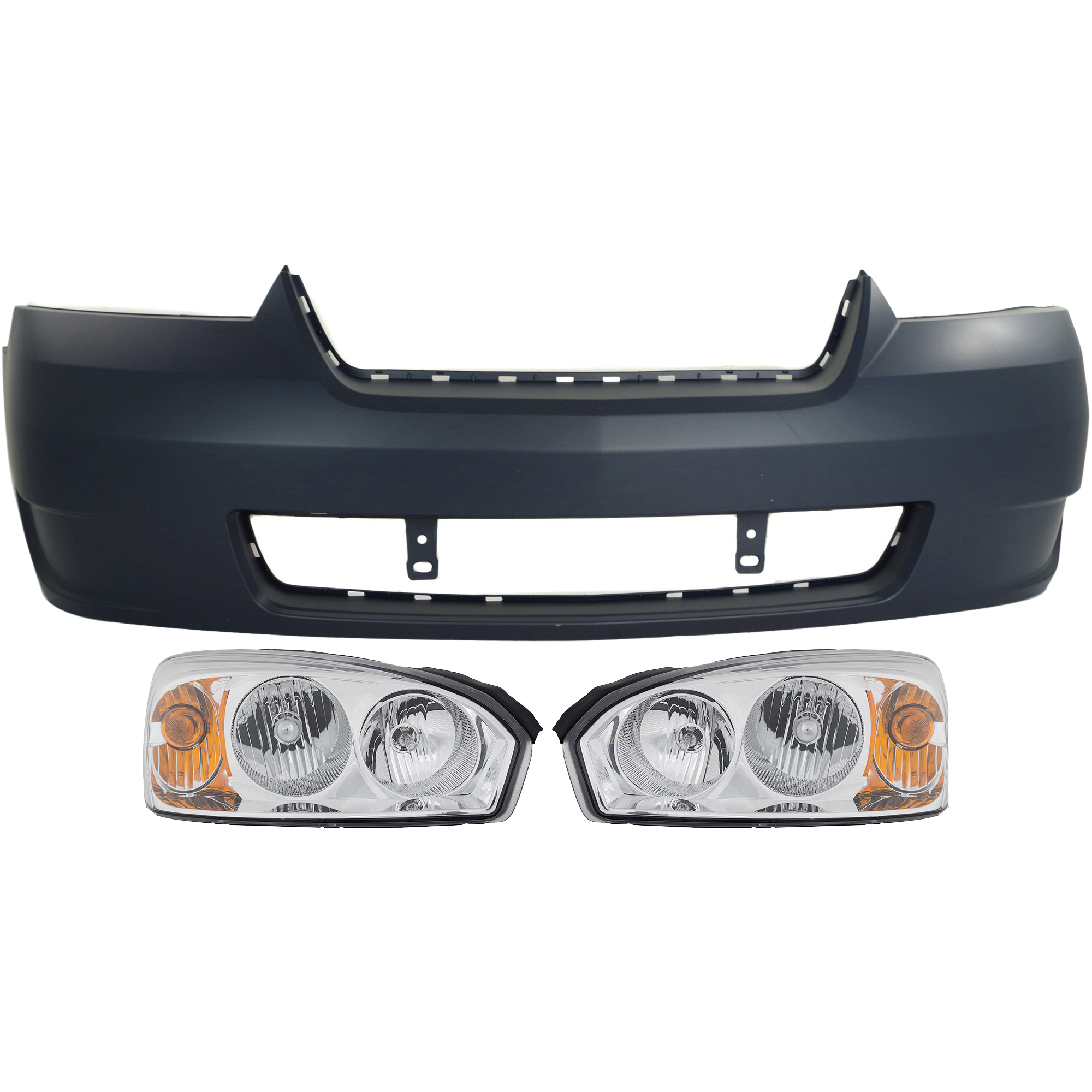 AM MALIBU 06-08 FRONT BUMPER COVER 3 pc Kit with Headlights SKU KIT 080918-07 Partslink GM1000767 GM2502235 GM2503235 OEM 15266276-15851373-15851372