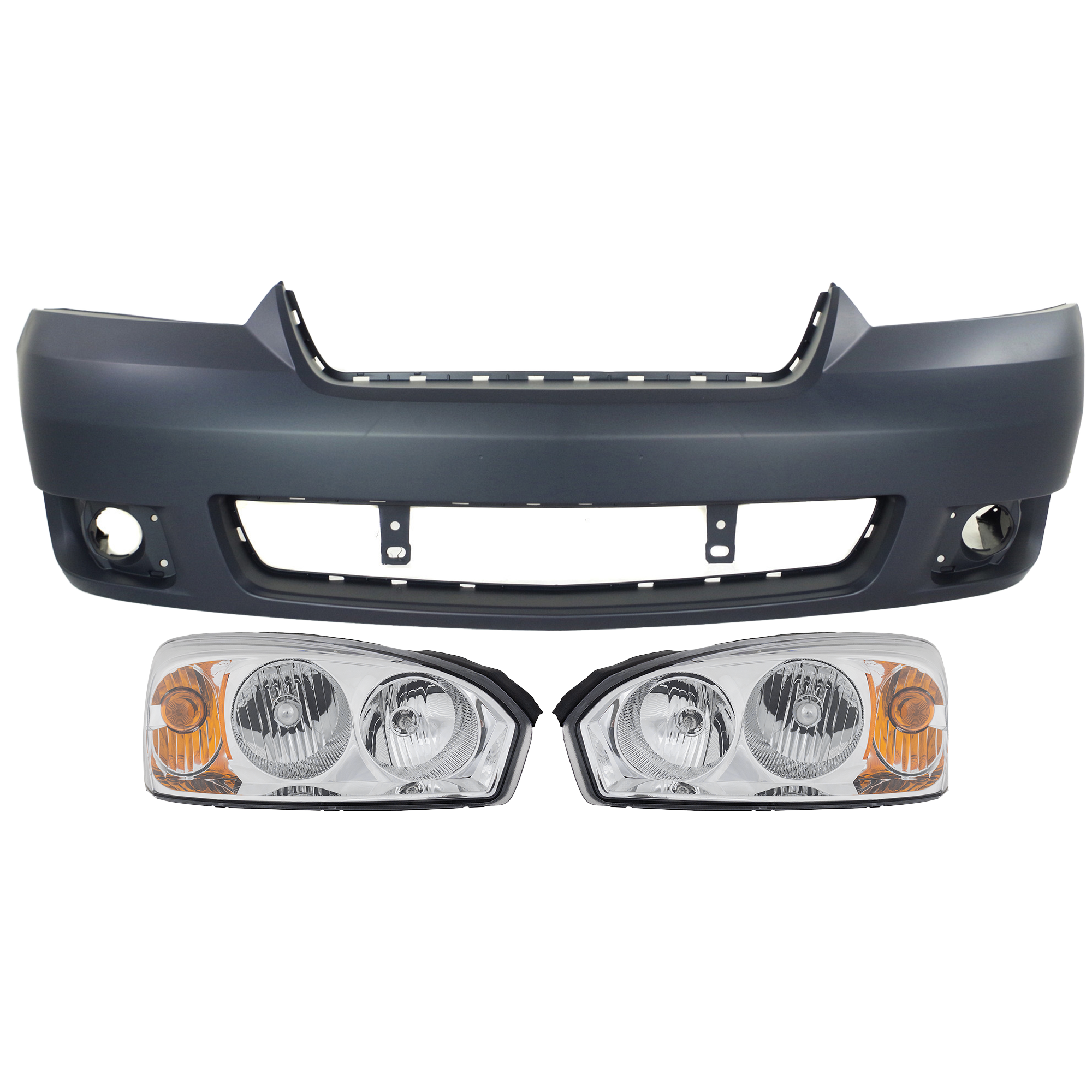 AM MALIBU 06-08 FRONT BUMPER COVER 3 pc Kit with Headlights SKU KIT 080918-08 Partslink GM1000768 GM2502235 GM2503235 OEM 15266275-15851373-15851372