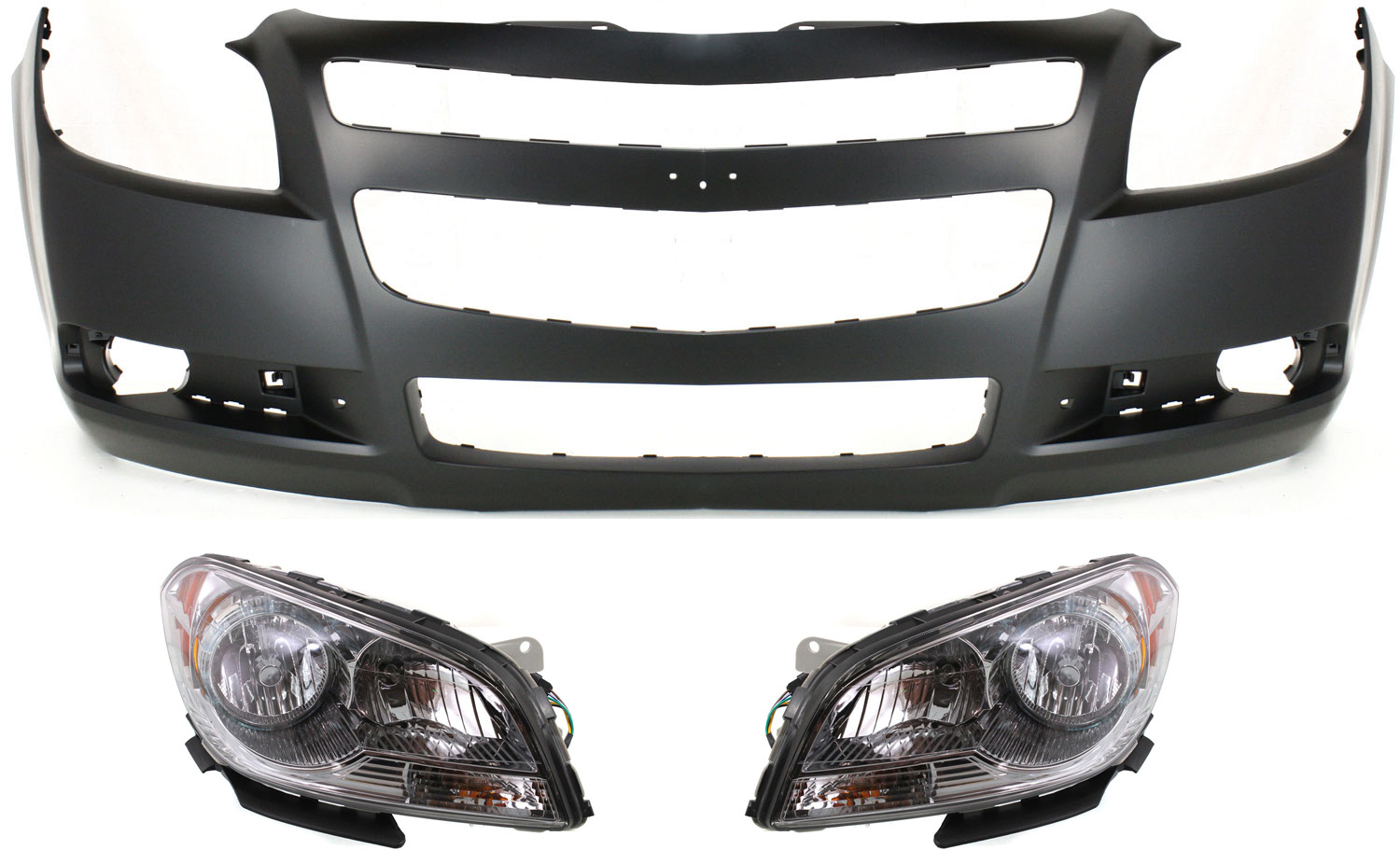AM MALIBU 08-12 HEAD LAMP RH AND LH Assembly Halogen 3 pc Kit with Bumper Cover SKU KIT 080918-09 Partslink GM2502307 GM2503307 GM1000858 OEM 22897126-22897127-20832808