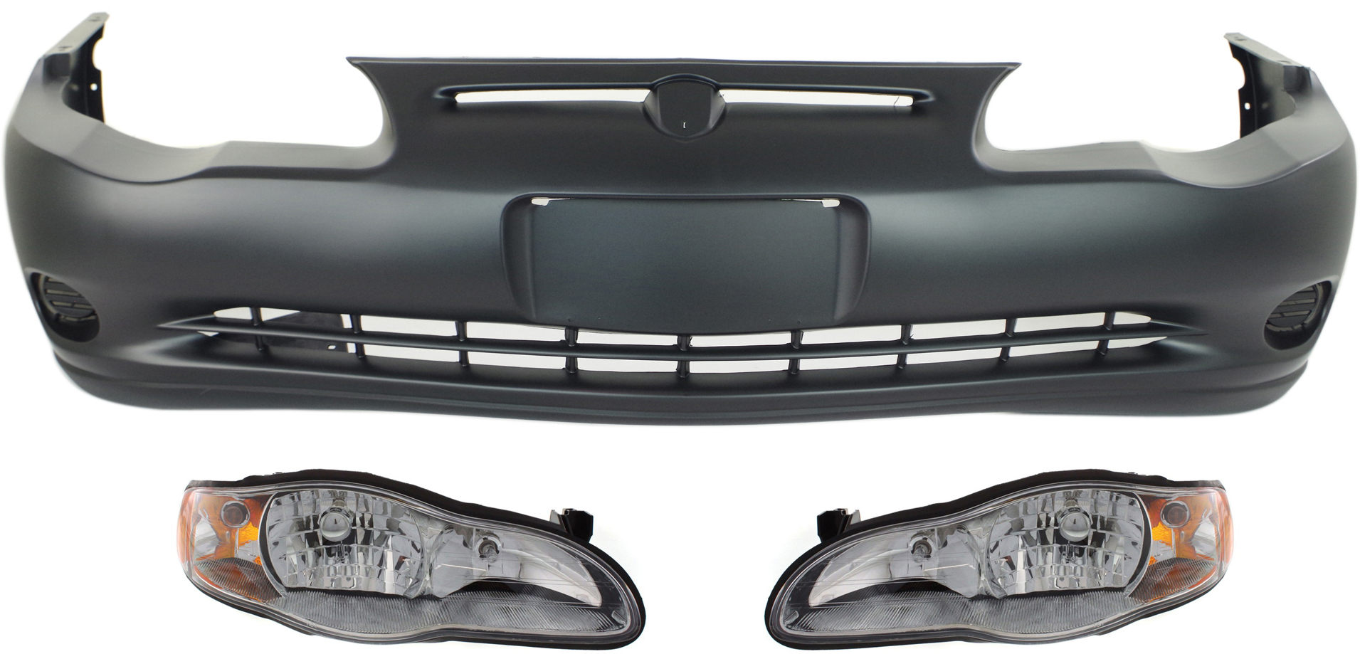 AM MONTE CARLO 00-05 HEAD LAMP RH AND LH Assembly Halogen 3 pc Kit with Bumper Cover SKU KIT 080918-10 Partslink GM2503212 GM2502212 GM1000587 OEM 10349959-10349960-12335836