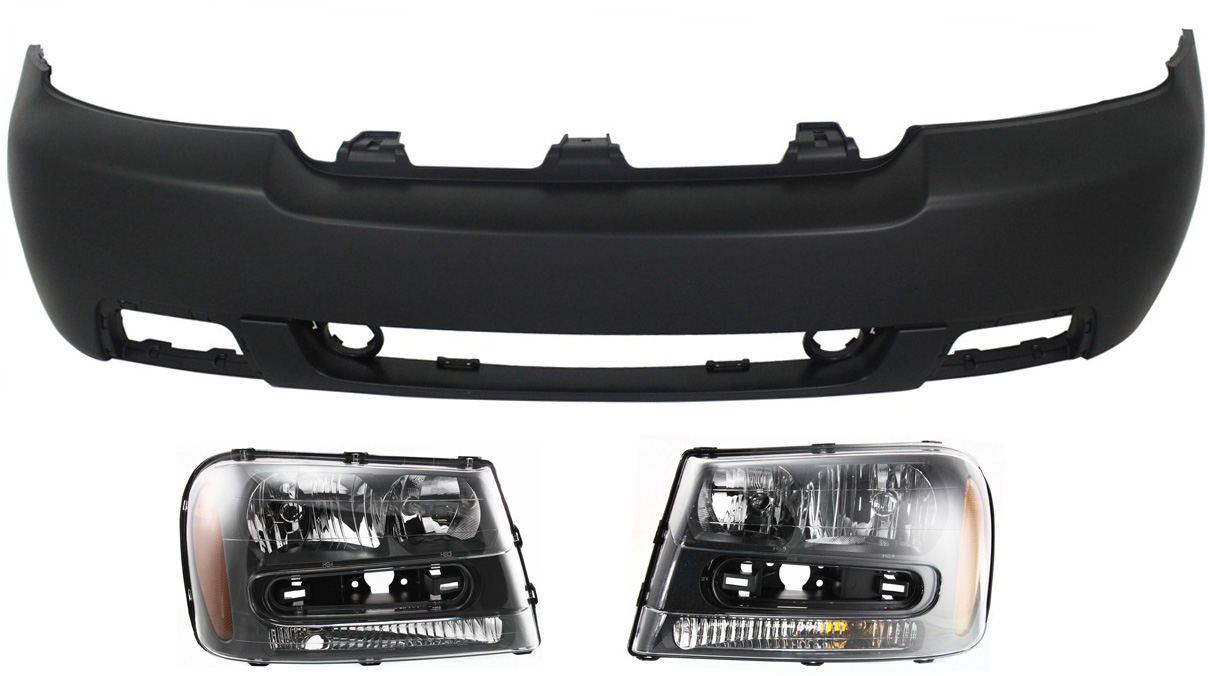 AM TRAILBLAZER 06-09 FRONT BUMPER COVER Primed 3 pc Kit with Headlights SKU KIT 080918-19 Partslink GM1000839 GM2503213 GM2502213 OEM 19120215-25970914-25970915
