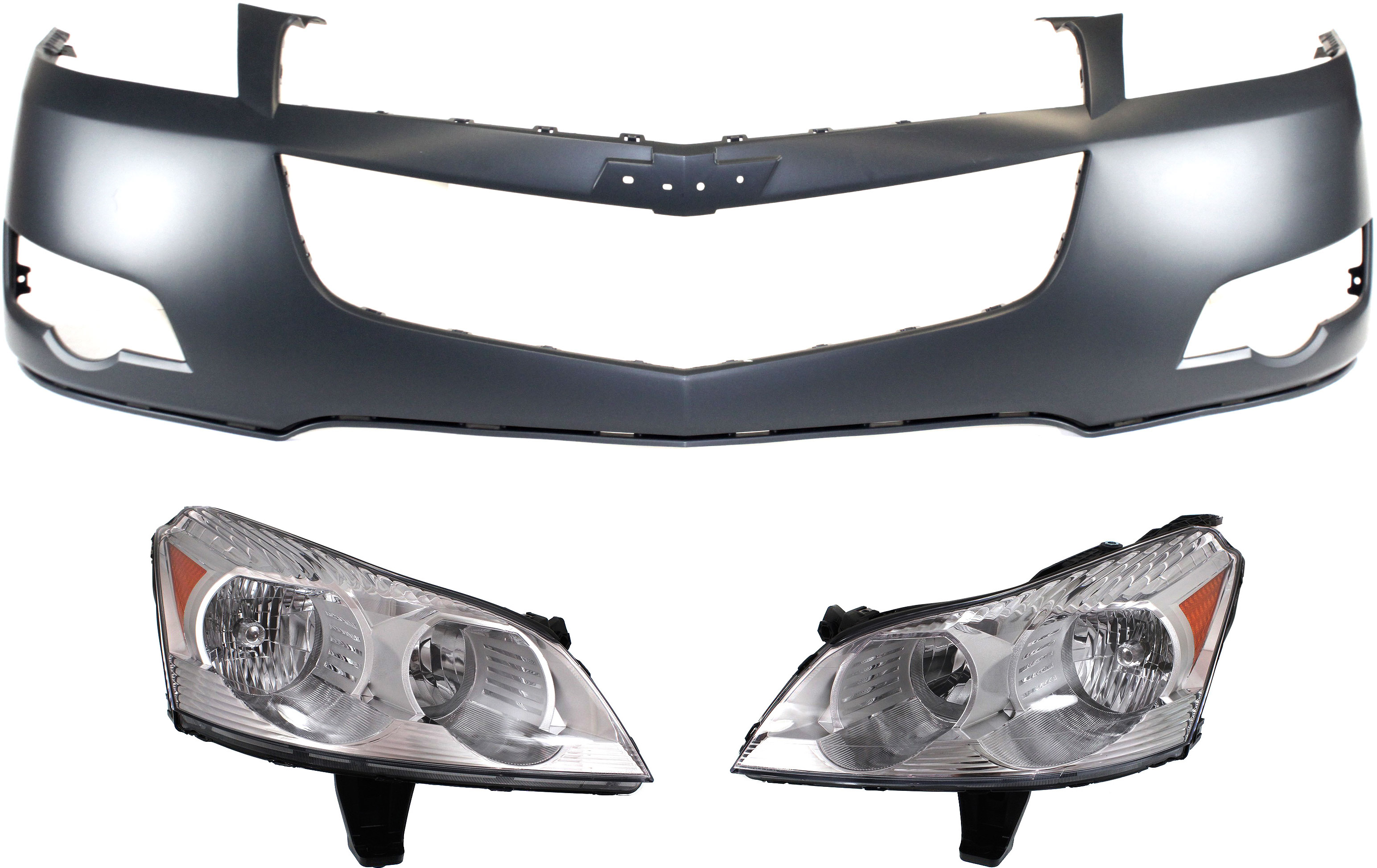 AM TRAVERSE 09-12 HEAD LAMP RH AND LH Assembly Halogen 3 pc Kit with Bumper Cover SKU KIT 080918-21 Partslink GM2503330 GM2502330 GM1000897 OEM 20794802-20794801-25955129