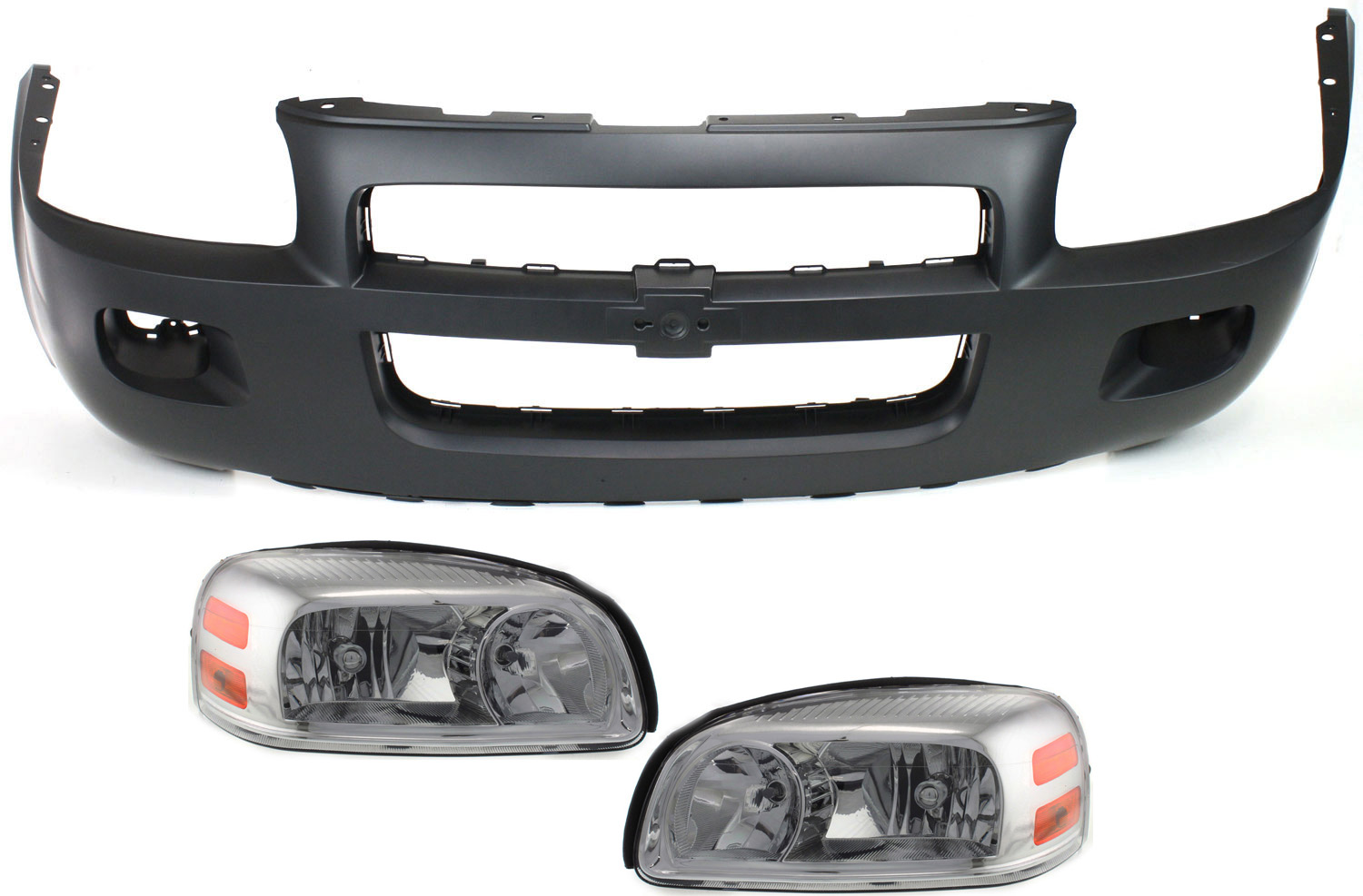 AM UPLANDER 05-09 HEAD LAMP RH AND LH Assembly Halogen 3 pc Kit with Bumper Cover SKU KIT 080918-29 Partslink GM2502256 GM2503256 GM1000745 OEM 25891660-25891661-12336019