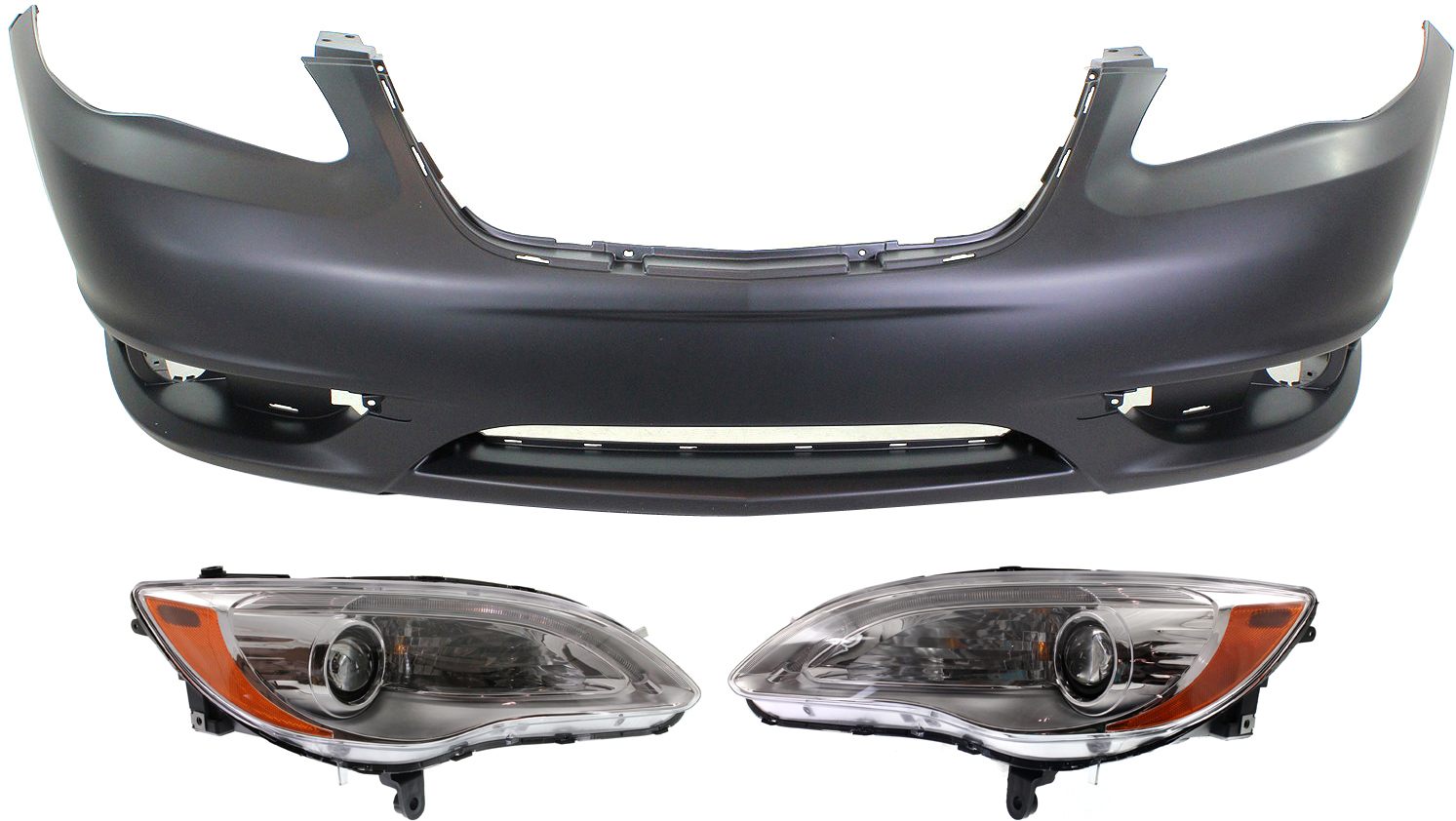 AM CHRYSLER 200-11-14 HEAD LAMP RH AND LH Assembly Halogen 3 pc Kit with Bumper Cover SKU KIT 080918-40 Partslink CH1000997 OEM 5182590AE PFM 5182590AC PFM 51