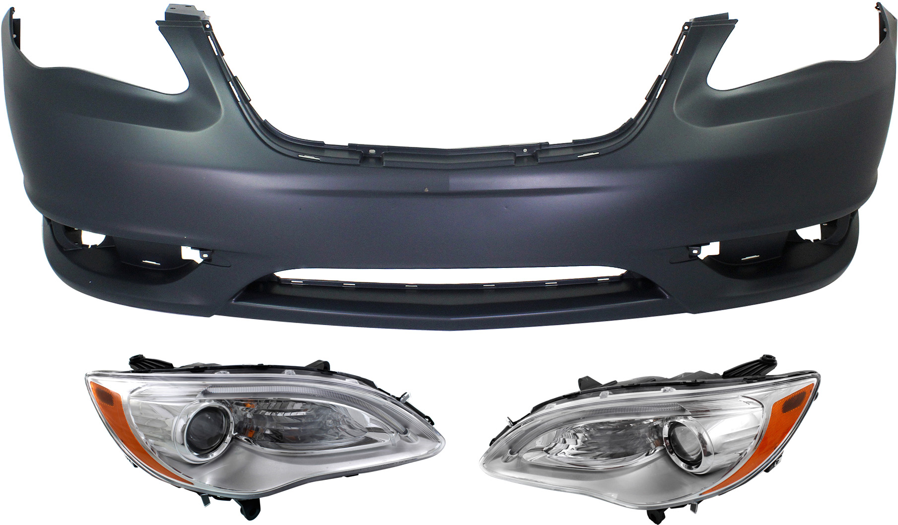 AM CHRYSLER 200-11-14 HEAD LAMP RH AND LH Assembly Halogen 3 pc Kit with Bumper Cover SKU KIT 080918-41 Partslink CH1000997C OEM 5182590AE PFM 5182590AC PFM 51