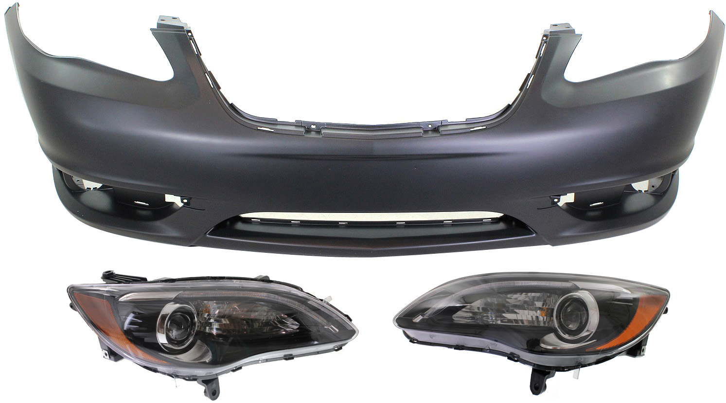 AM CHRYSLER 200-11-14 HEAD LAMP RH AND LH Assembly Halogen 3 pc Kit with Bumper Cover SKU KIT 080918-45 Partslink CH1000997 OEM 68088066AG PFM 68088067AG PFM