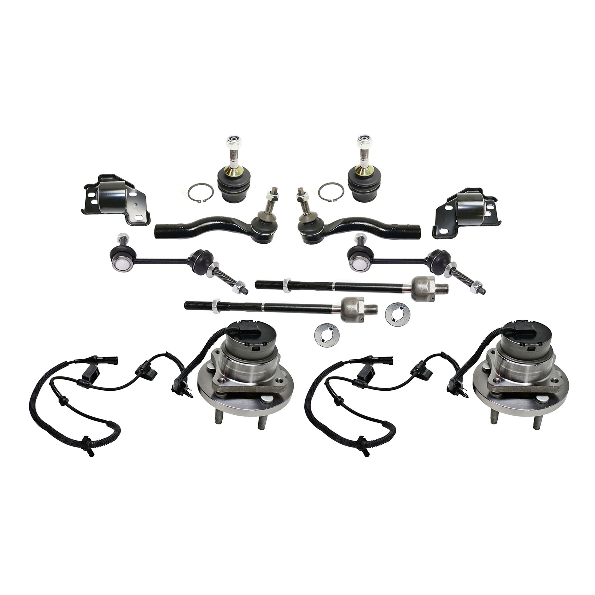 AM CROWN VICTORIA TOWN CAR GRAND MARQUIS 03-05 FRONT SUSPENSION KIT RH AND LH 12 pc kit with Ball Joints Control Arm Bushings Sway Bar Links Tie Rod Ends and Wheel Hubs SKU KIT 081017-05 OEM 104381-2601577-5001118-5051