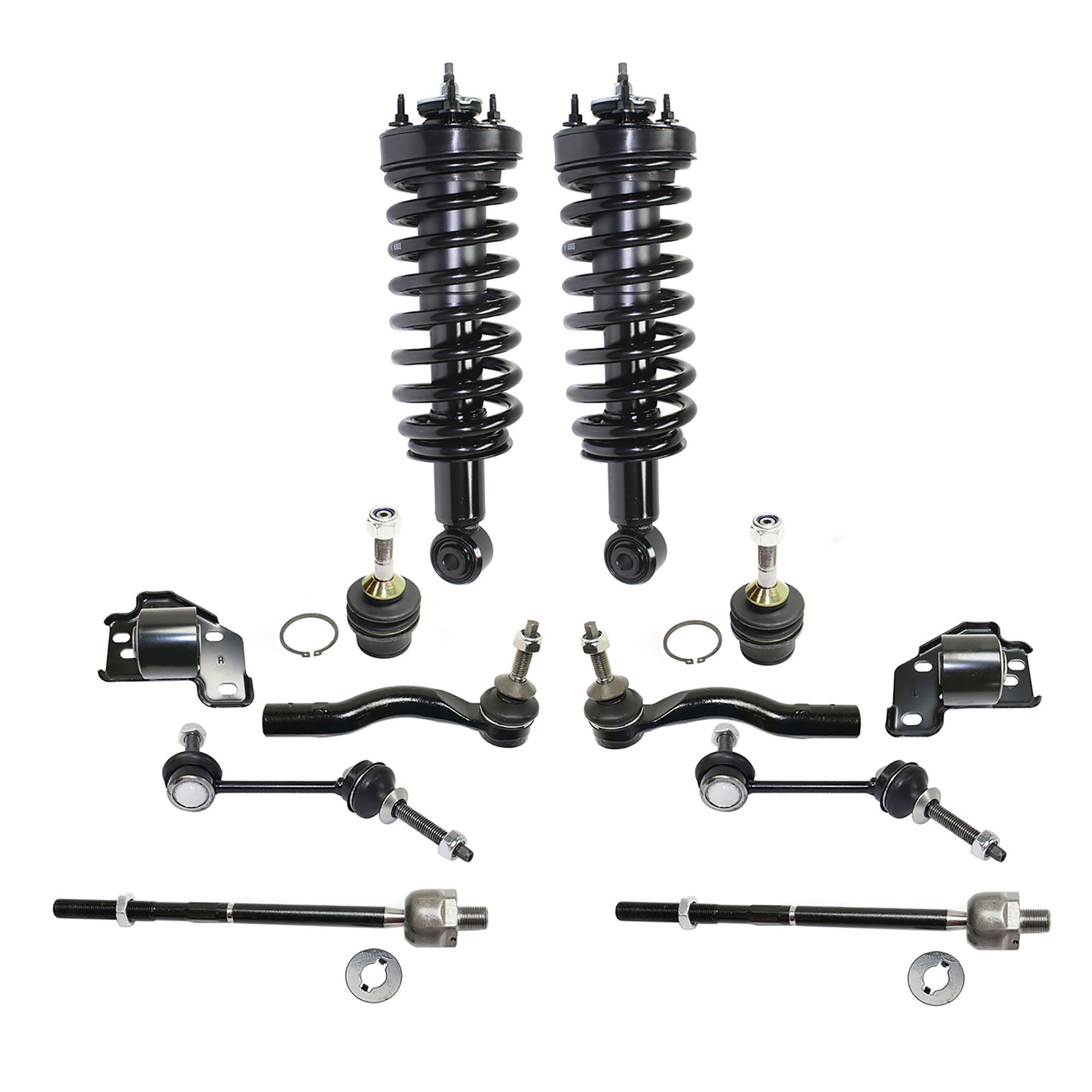 AM CROWN VICTORIA TOWN CAR 03-11 FRONT SUSPENSION KIT RH AND LH 12 pc kit with Ball Joints Control Arm Bushings Loaded Struts Sway Bar Links and Tie Rod Ends SKU KIT 081017-07 OEM 104381-2601577-5001118-5051