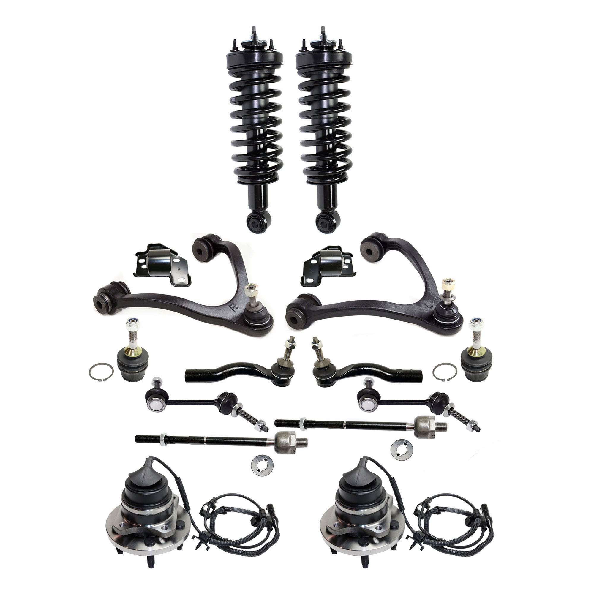 AM CROWN VICTORIA TOWN CAR 05-11 FRONT SUSPENSION KIT RH AND LH 14 pc kit with Ball Joints Control Arm Bushings Loaded Struts Sway Bar Links Tie Rod Ends and Wheel Hubs SKU KIT 081017-12 OEM 104381-2601577-5001118-5051