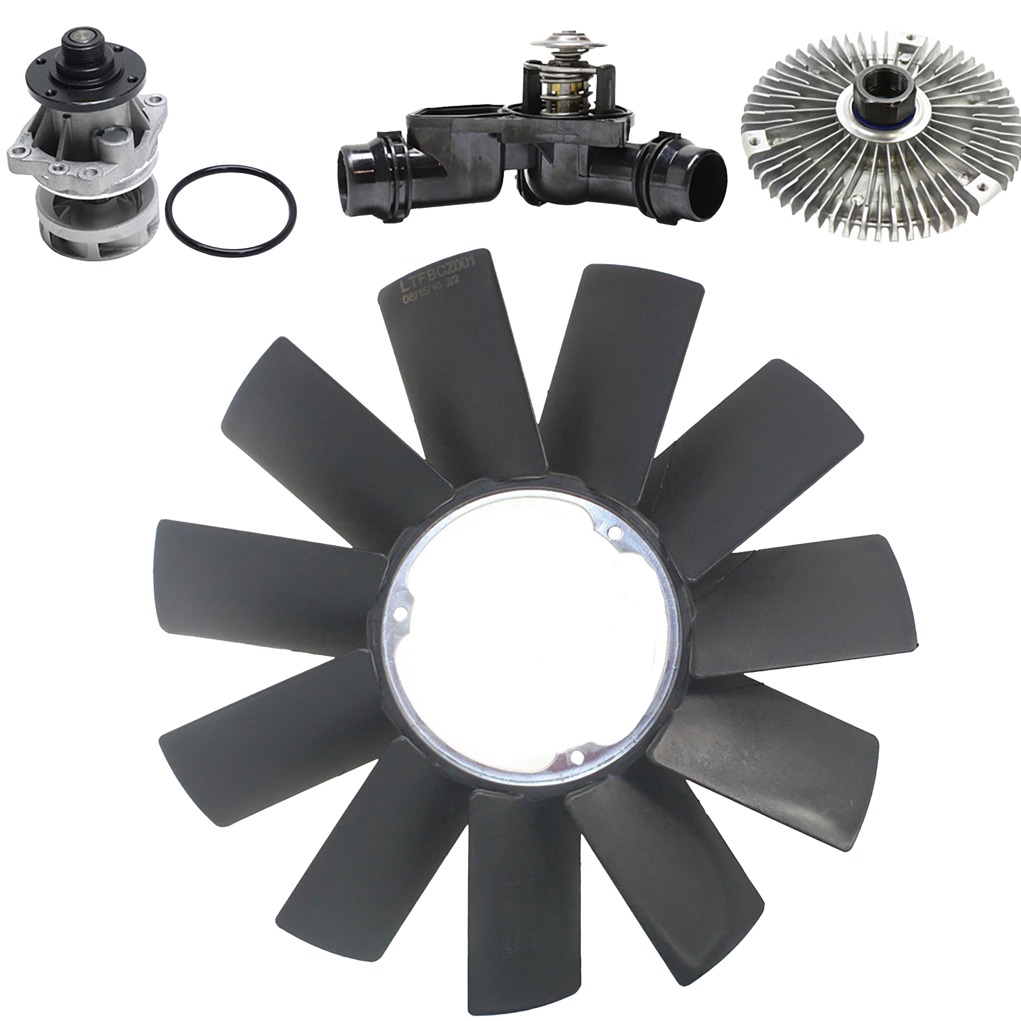 AM 3 SERIES 99-06 COOLING SYSTEM SERVICE KIT 4 pc Kit with Fan Blade Fan Clutch Thermostat Housing and Water Pump SKU KIT 081017-29 Partslink BM3112100 OEM 11521712058-11527505302-1882-1