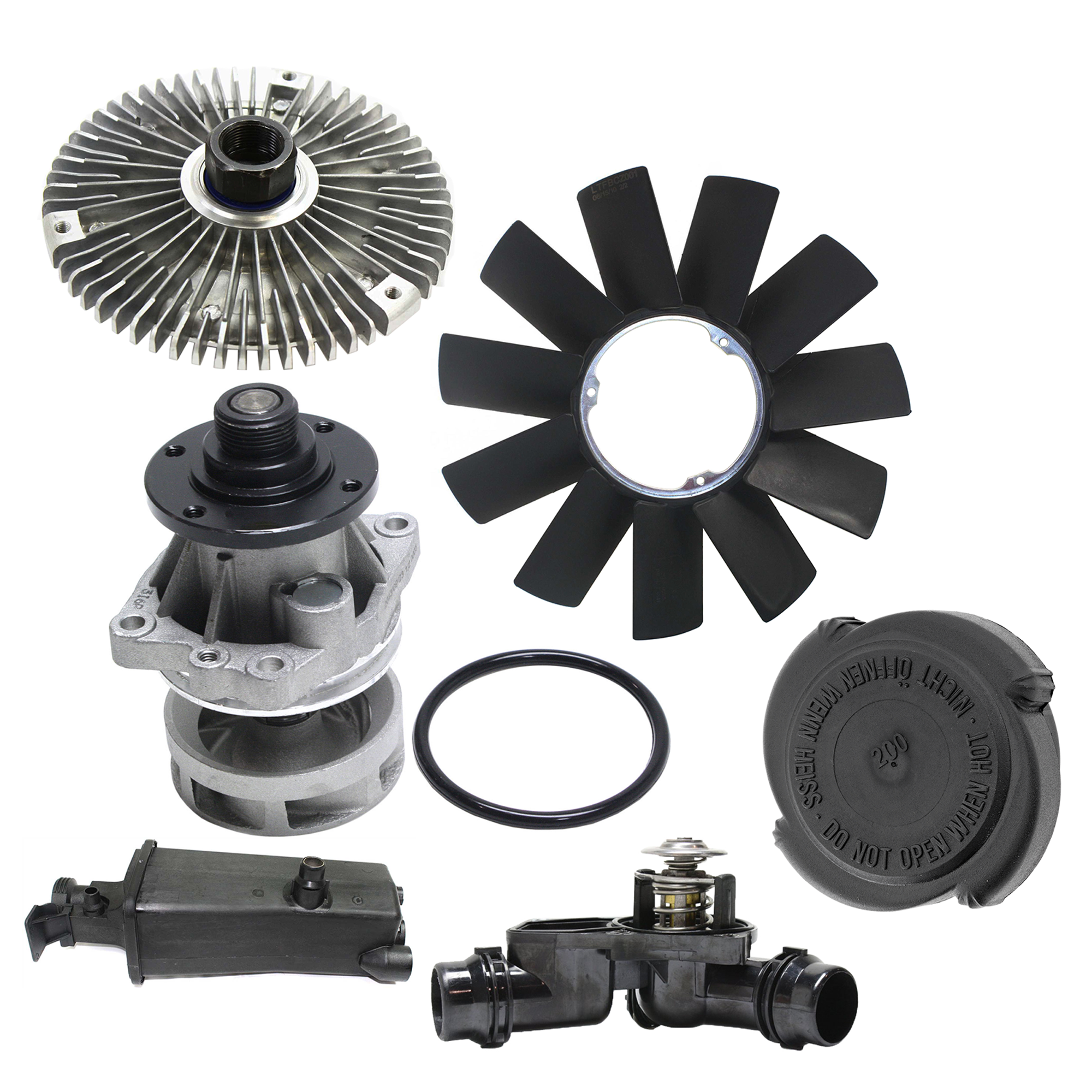 AM 3 SERIES 99-06 COOLING SYSTEM SERVICE KIT 6 pc Kit with Coolant Reservoir Fan Blade Fan Clutch Radiator Cap Thermostat Housing and Water Pump SKU KIT 081017-31 Partslink BM3014102 BM3112100 OEM 17117573781-11521712058-1152