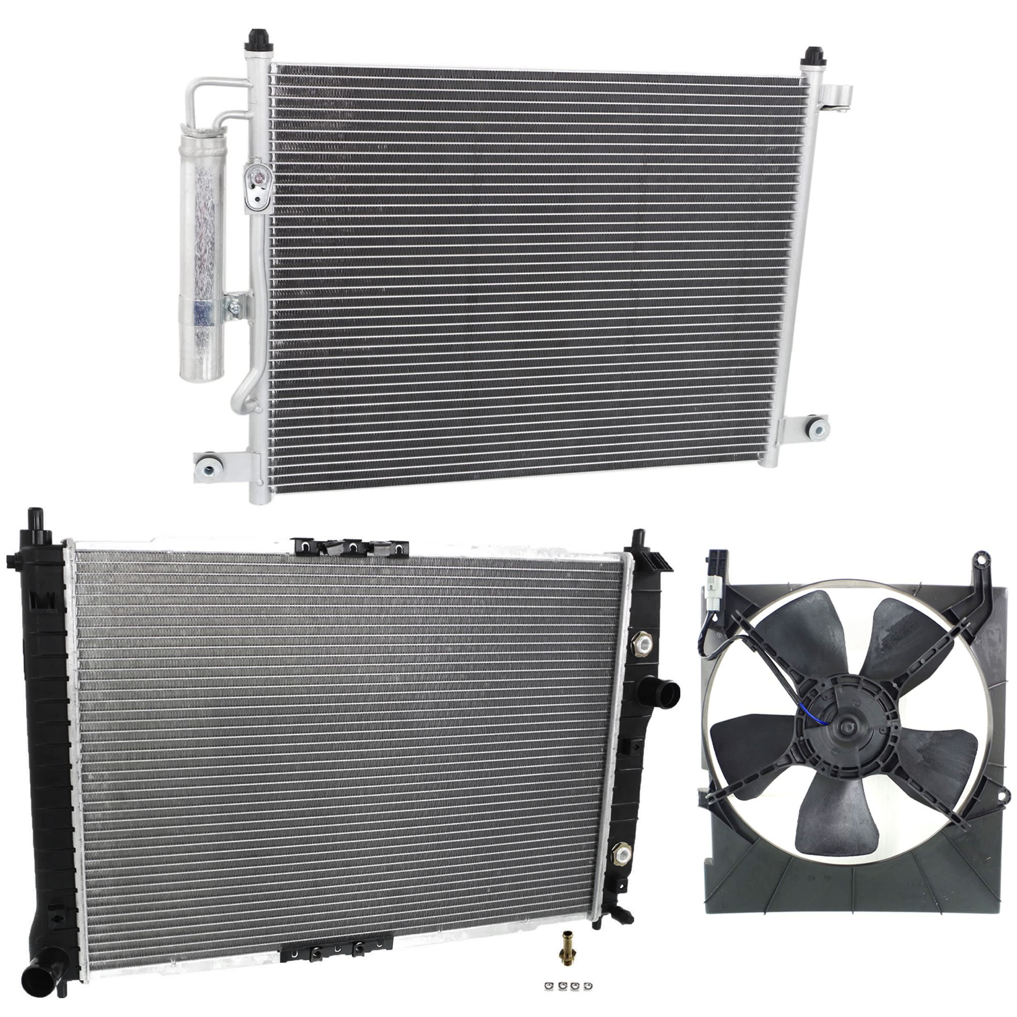 AM AVEO WAVE 05-08 A C CONDENSER RADIATOR COOLING FAN KIT 3 pc kit 1.6L Eng. 4 Cyl. SKU KIT 081024-13 Partslink GM3030256 GM3117106 GM3010447 OEM 96834083-96536666-42438331