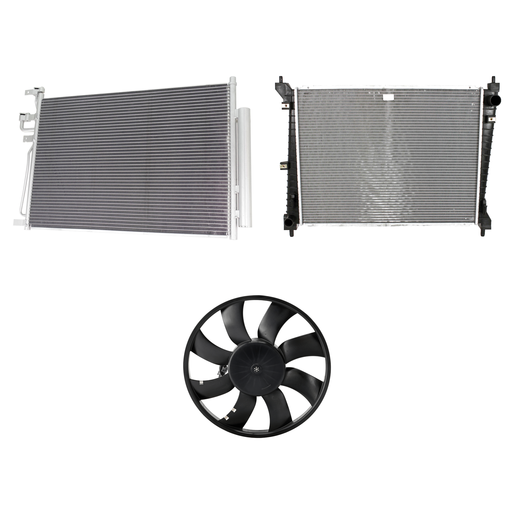 AM CAPTIVA SPORT 12-15 VUE 08-09 A C CONDENSER RADIATOR COOLING FAN KIT 3 pc kit 2.4L Eng. 4 Cyl. SKU KIT 081024-21 Partslink GM3030277 GM3115356 GM3010523 OEM 20759645-89019144-89019143-890