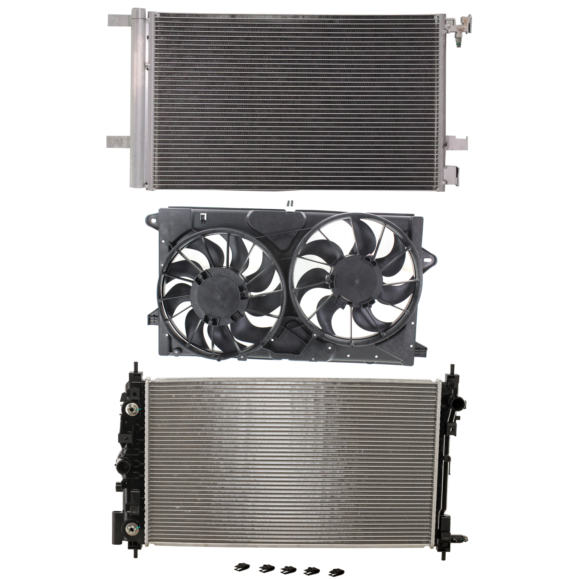 AM XTS 13-19 A C CONDENSER RADIATOR COOLING FAN KIT 3 pc kit 3.6L Eng. 6 Cyl. SKU KIT 081024-23 Partslink GM3030285 GM3115261 GM3010552 OEM 23305638-22747159 PFM 22747160