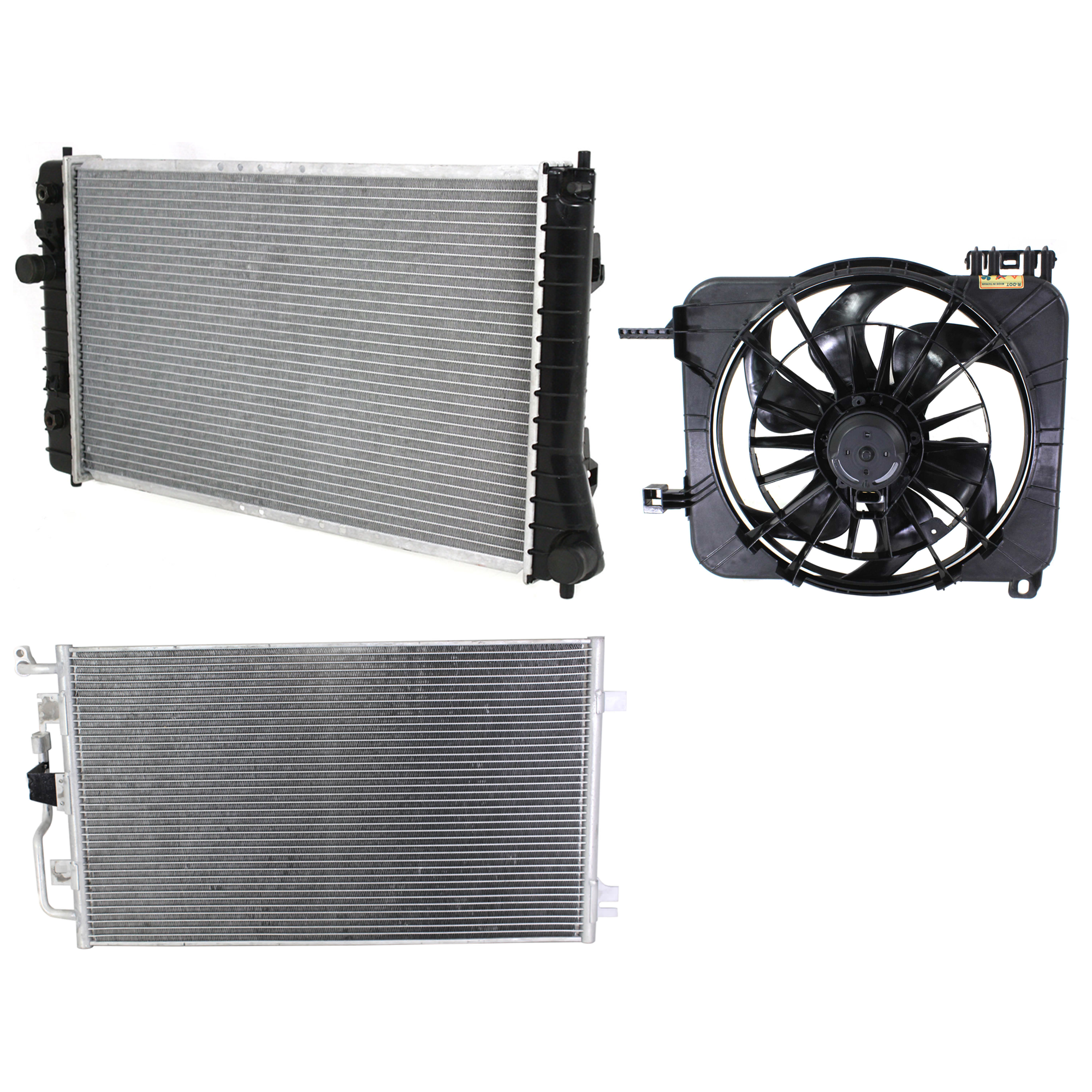 AM CAVALIER SUNFIRE 95-02 A C CONDENSER RADIATOR COOLING FAN KIT 3 pc kit 2.2L 2.3L 2.4L Eng. 4 Cyl. SKU KIT 081024-50 Partslink GM3030137 GM3115106 GM3010181 OEM 52494197-22645919-89018667
