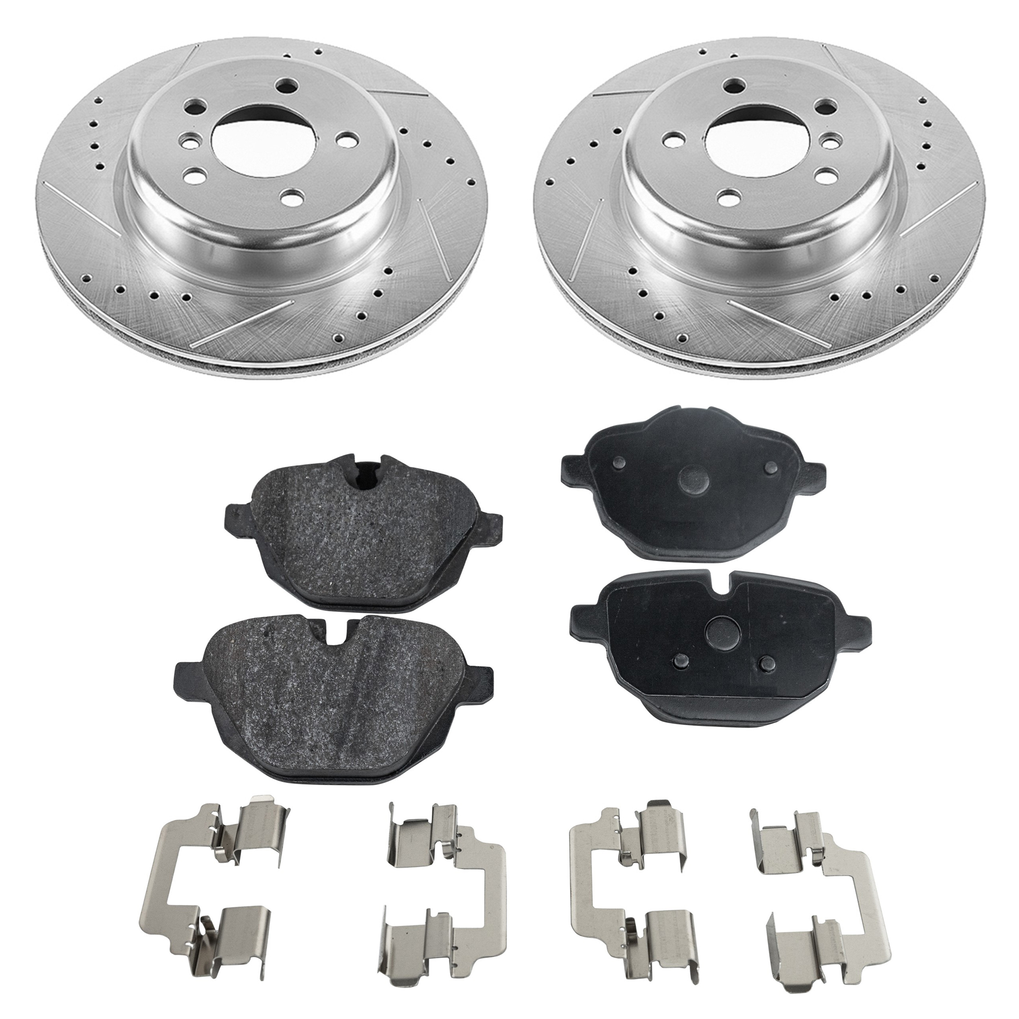 AM 5 SERIES 11-16 REAR BRAKE DISC AND PAD KIT 4 pc Kit Cross drilled and Slotted SKU KIT 081221-1051 OEM 34216788284-34216796741-342167