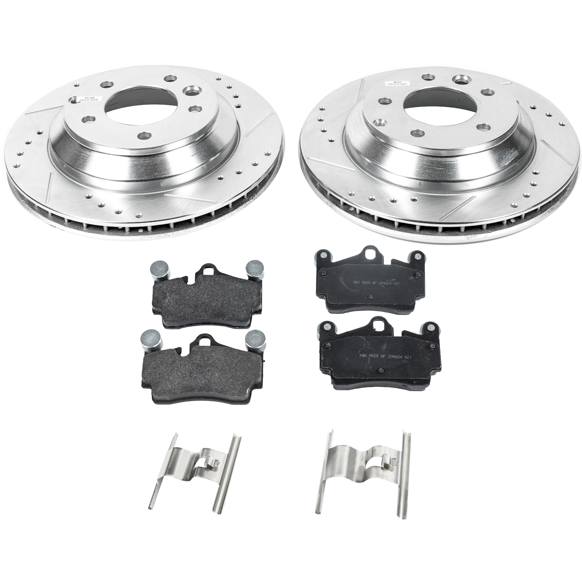 AM CAYENNE 03-10 Q7-07-15 REAR BRAKE DISC AND PAD KIT 2 Wheel Set Cross drilled and Slotted SKU KIT 081221-756 OEM 7L0615415B 7L0698451A 7L069845