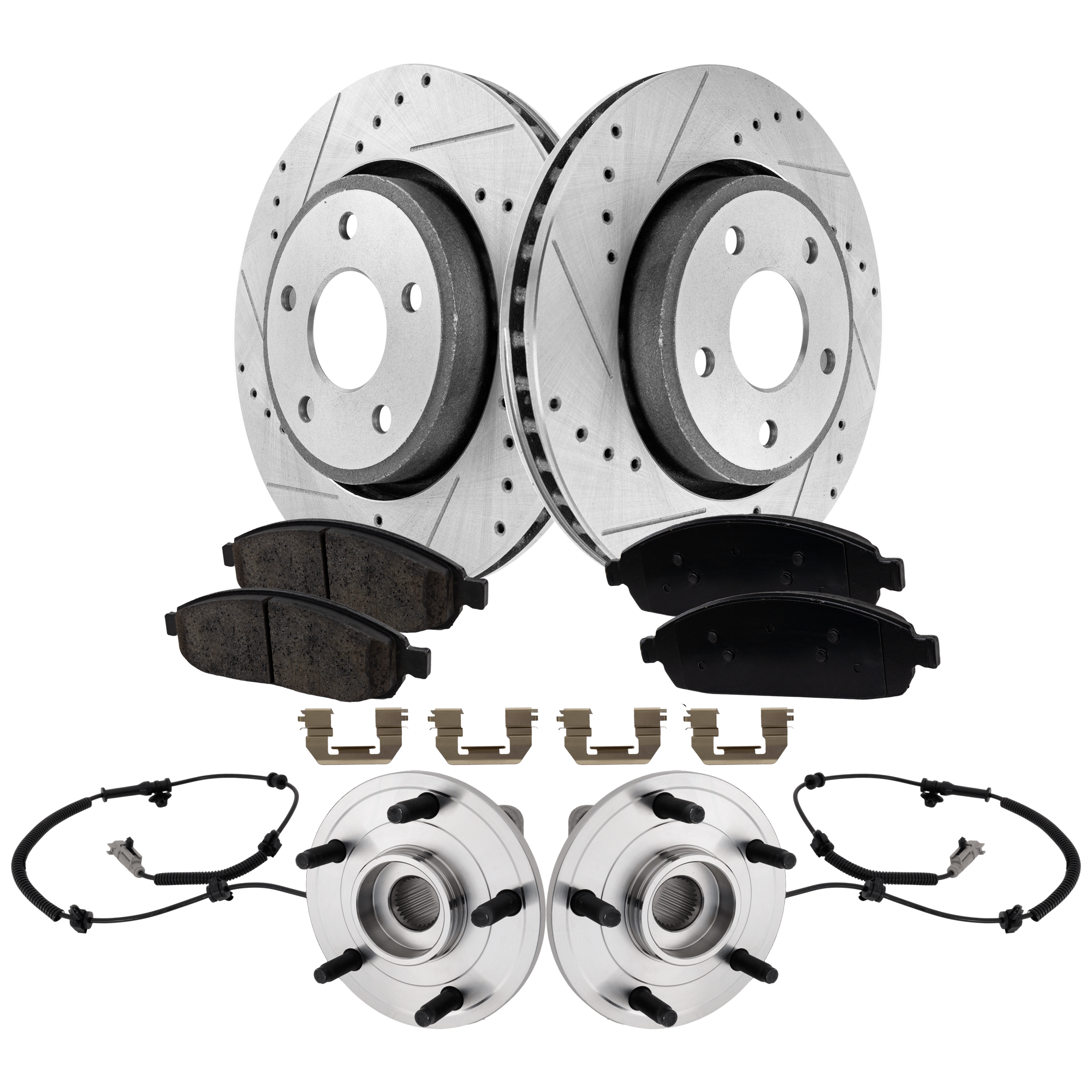 AM GRAND CHEROKEE 06-10 FRONT HUB ASSEMBLY RH=LH 5 pc Kit with Brake Disc and Brake Pad Set SKU KIT 081324 C1028 OEM 52089434AE 43082-53026-780289