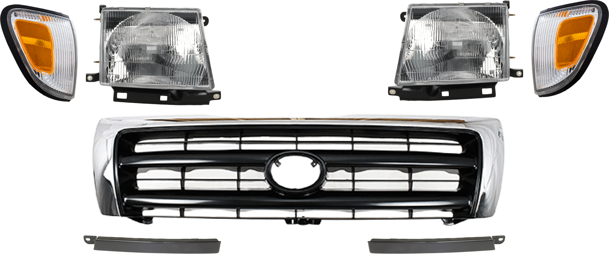 AM TACOMA 98-00 GRILLE Chrome Shell Painted Dark Argent Insert 7 pc Kit with Bumper Filler Corner Light and Headlight SKU KIT 081324 C114 Partslink TO1200213 TO1089104 TO1088104 TO2521154 TO2520154 TO2503120 TO2502120 OEM 5310004100-5251235060-52513350