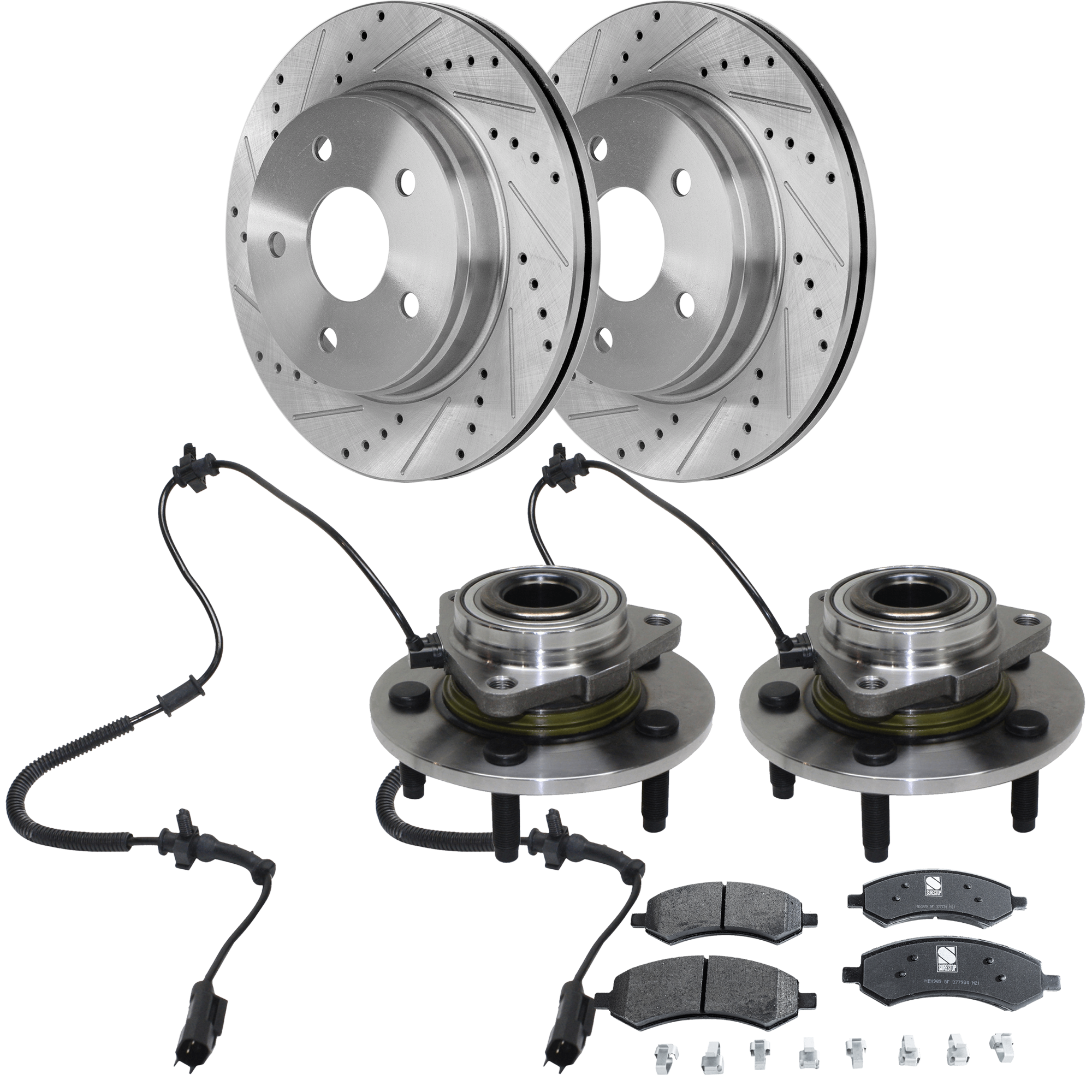 AM RAM 1500-09-10 FRONT HUB ASSEMBLY RH=LH 6 pc Kit with Brake Disc and Brake Pad Set SKU KIT 081324 C1188 OEM 68024245AA 2414-19966-53005-14
