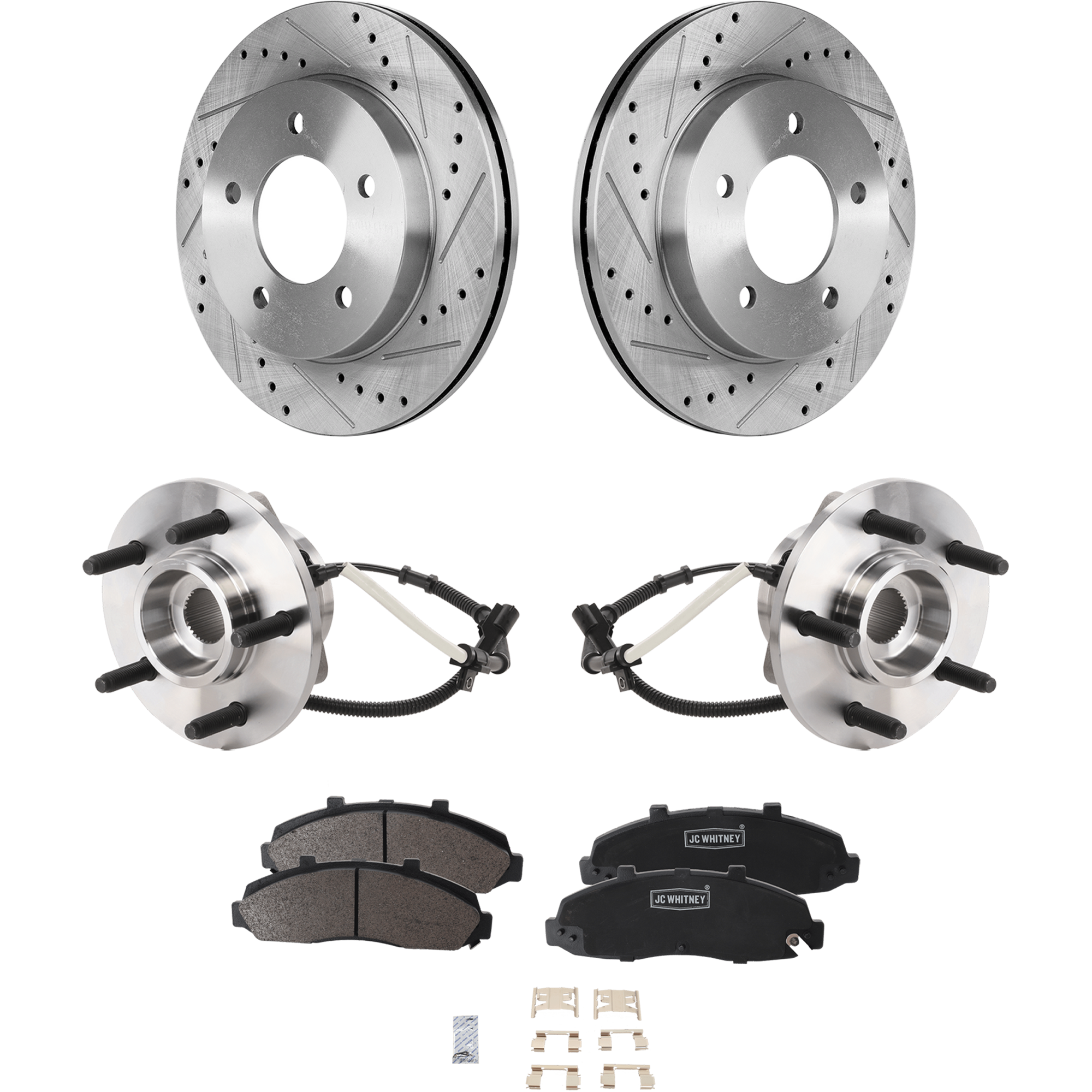 AM F 150-00-03 FRONT HUB ASSEMBLY RH=LH 5 pc Kit with Brake Disc and Brake Pad Set SKU KIT 081324 C1191 OEM 6L3Z1104A 19773-27015-54042-65