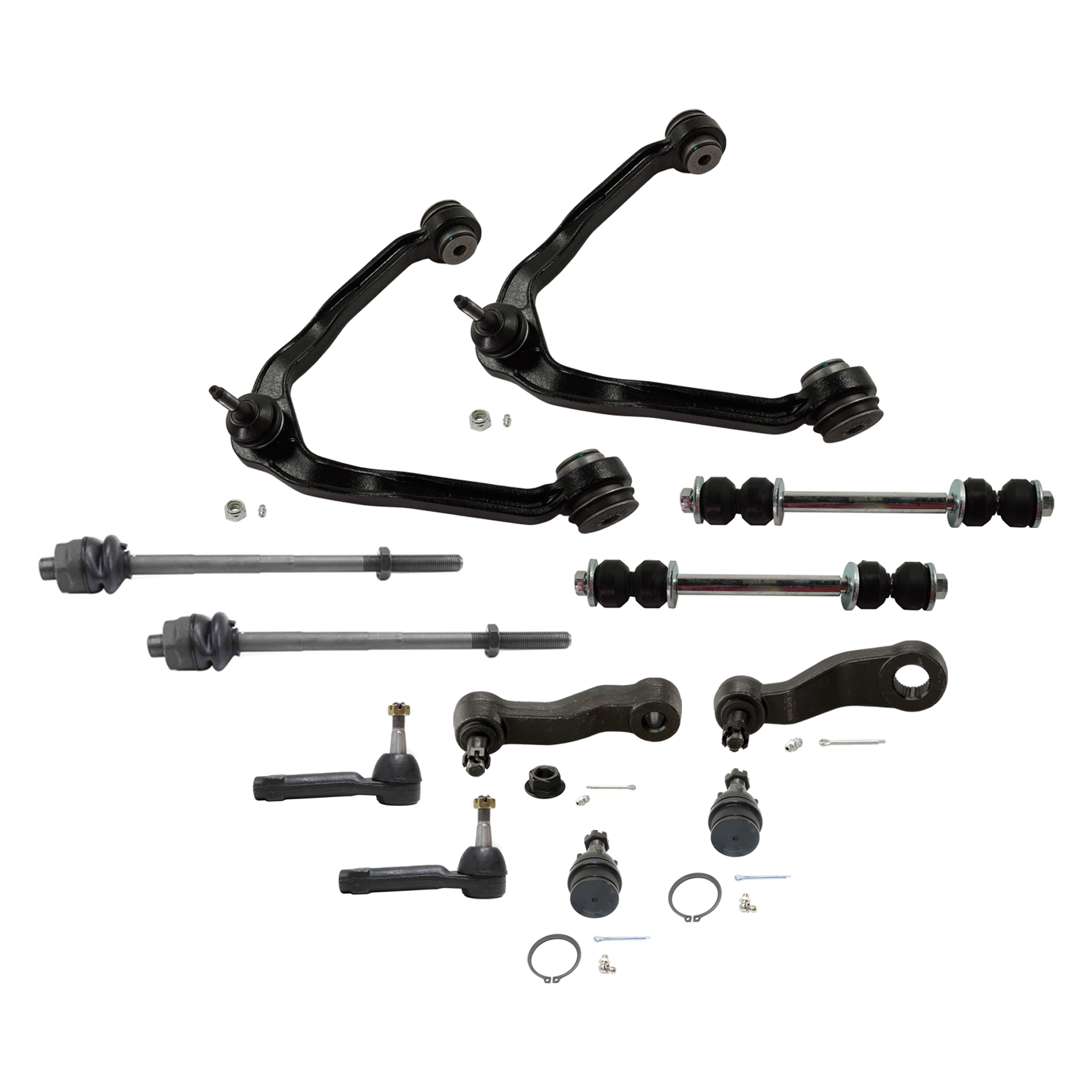 AM SILVERADO 1500-99-06 SIERRA 1500 CLASSIC 07-07 FRONT CONTROL ARM RH AND LH Upper 12 pc kit w Ball Joint Idler Arm Pitman Arm Sway Bar Link and Tie Rod End SKU KIT 081324 C119 OEM 104327-2601528-5051272-1247