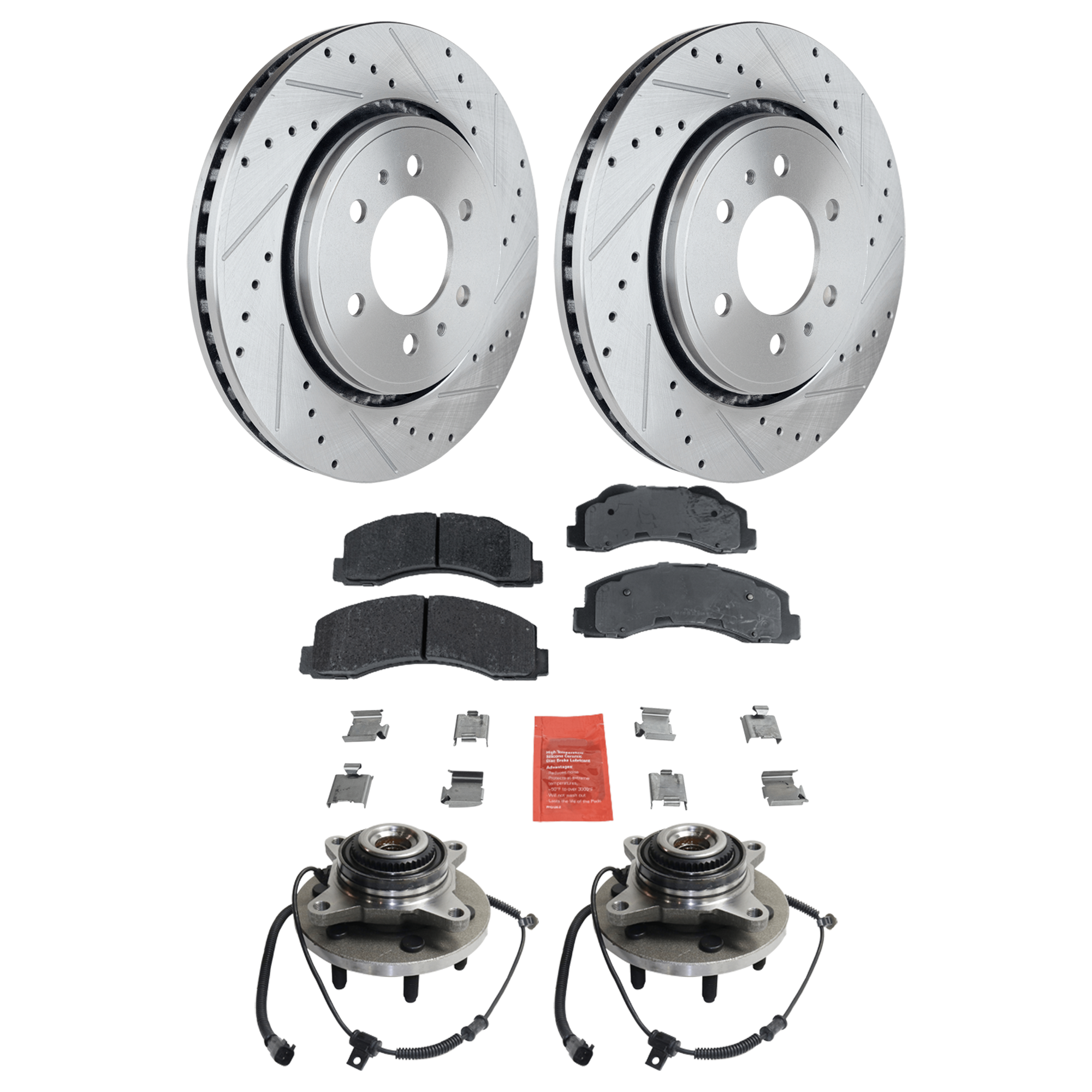 AM F 150-10-14 FRONT HUB ASSEMBLY RH=LH 6 pc Kit with Brake Disc and Brake Pad Set SKU KIT 081324 C1204 OEM 102765 BL3Z1104A BR930154K BR9