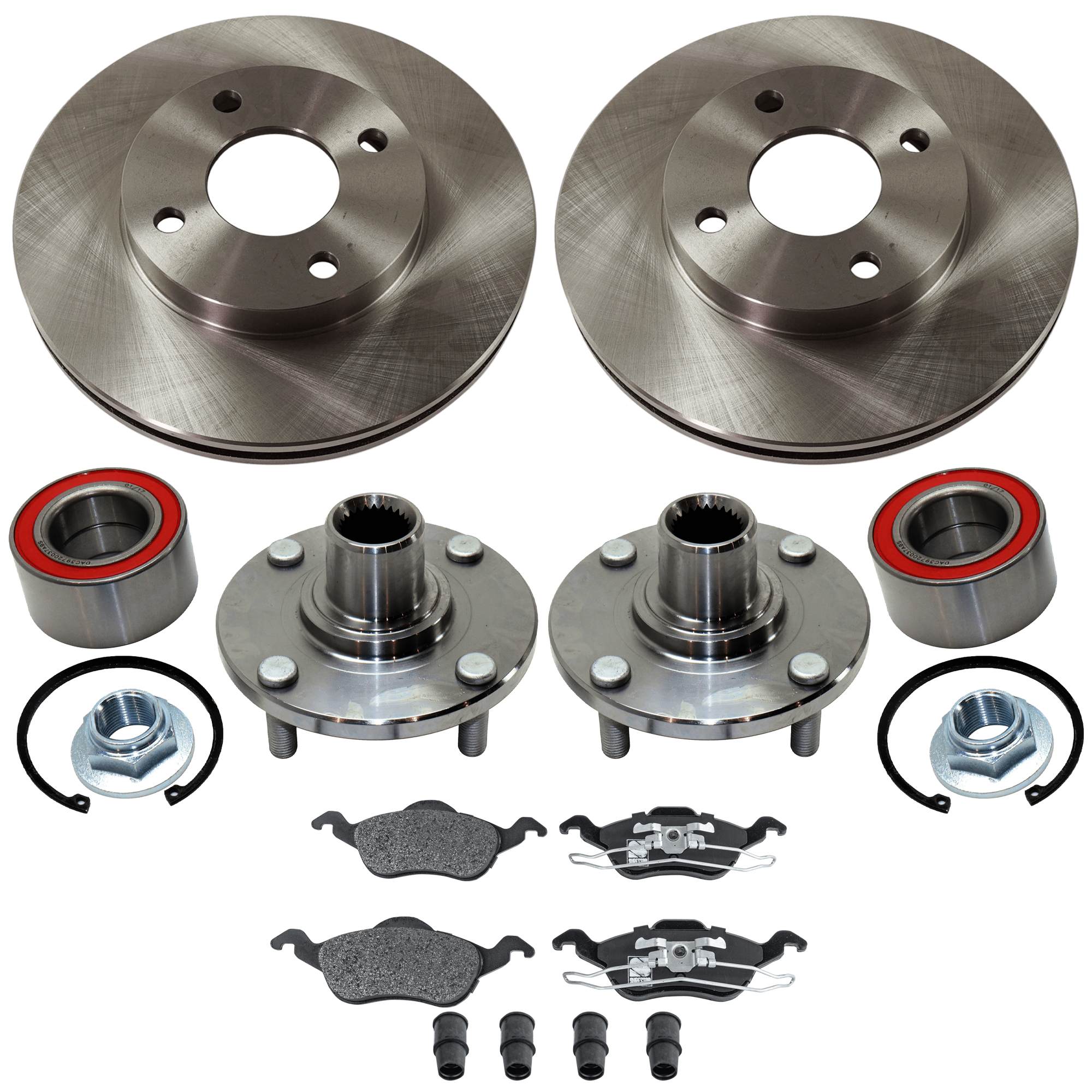 AM FOCUS 00-04 FRONT HUB ASSEMBLY RH AND LH 6 pc kit with Brake Disc and Brake Pad Set SKU KIT 081324 C1208 OEM 6S4Z1215B YS4Z1125BA YS4Z1125D