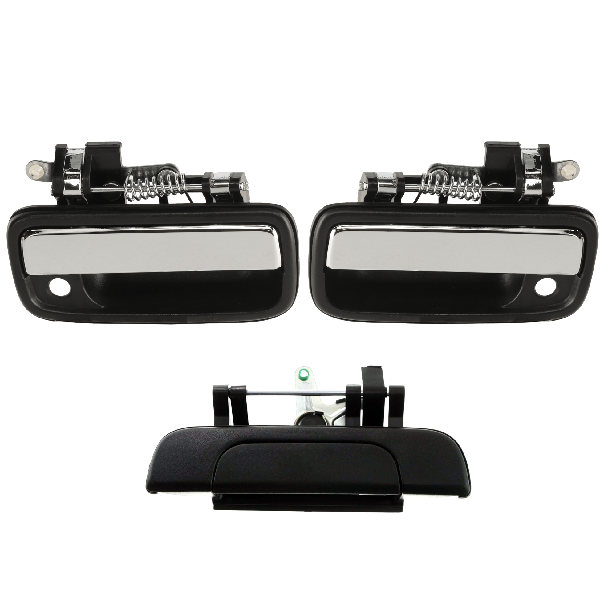 AM TACOMA 95-04 FRONT EXTERIOR DOOR HANDLE RH AND LH 3 pc kit Textured Black+Chrome Lever with Keyhole and Tailgate Handle SKU KIT 081324 C1216 Partslink TO1310123 TO1311123 TO1915102 OEM 6921035030-6922035030-69090350