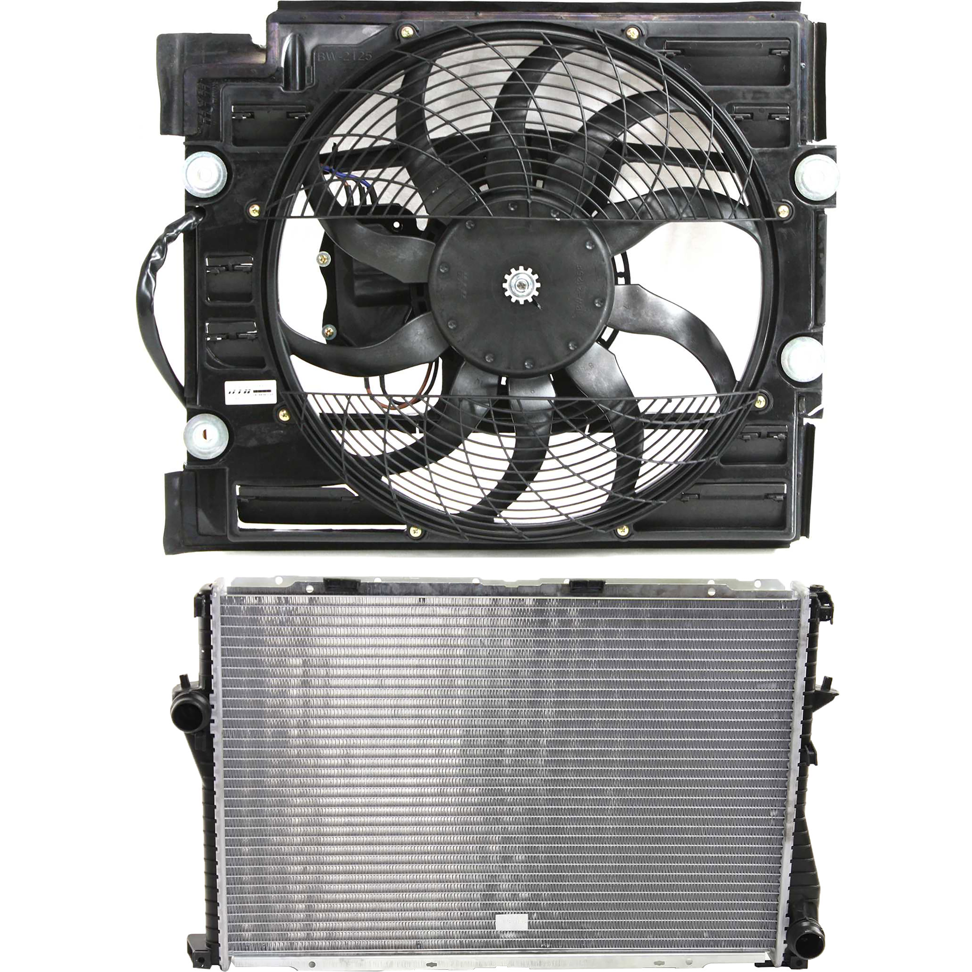 AM 5 SERIES 99-03 A C FAN SHROUD ASSEMBLY 2 pc kit with Radiator SKU KIT 081324 C1294 Partslink BM3113109 BM3010109 OEM 64546921395-17111436060