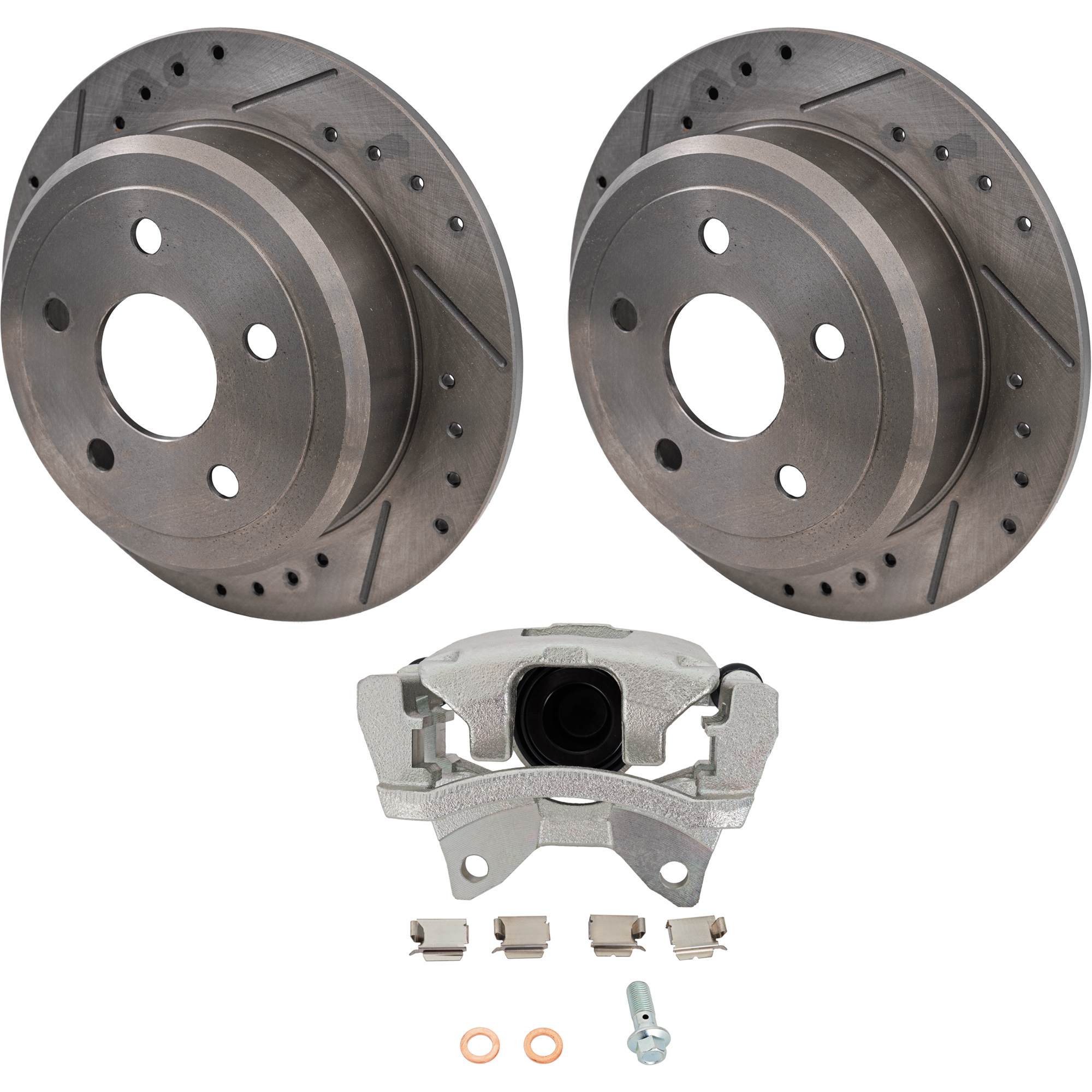 AM WRANGLER 07-17 WRANGLER JK 18-18 REAR BRAKE KIT WITH CALIPERS 2 Wheel Set Includes 1 Brake Caliper and 2 Brake Disc Cross drilled and Slotted Disc SKU KIT 081324 C1355 OEM 53041-60373-780519-900326-6004