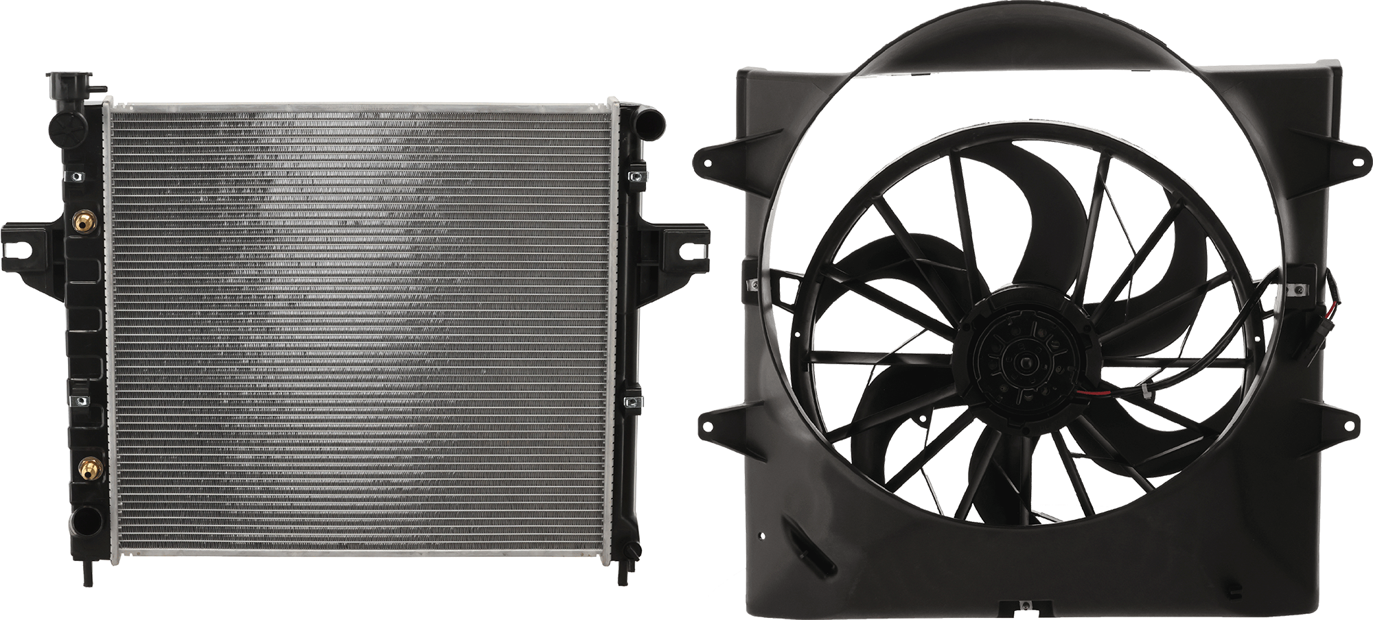 AM GRAND CHEROKEE 99-03 RADIATOR 2 pc kit 6 cyl. 4.0L Engine SKU KIT 081324 C1750 Partslink CH3010198 CH3115110 OEM 52079428AD 52079489AB PFM 5207