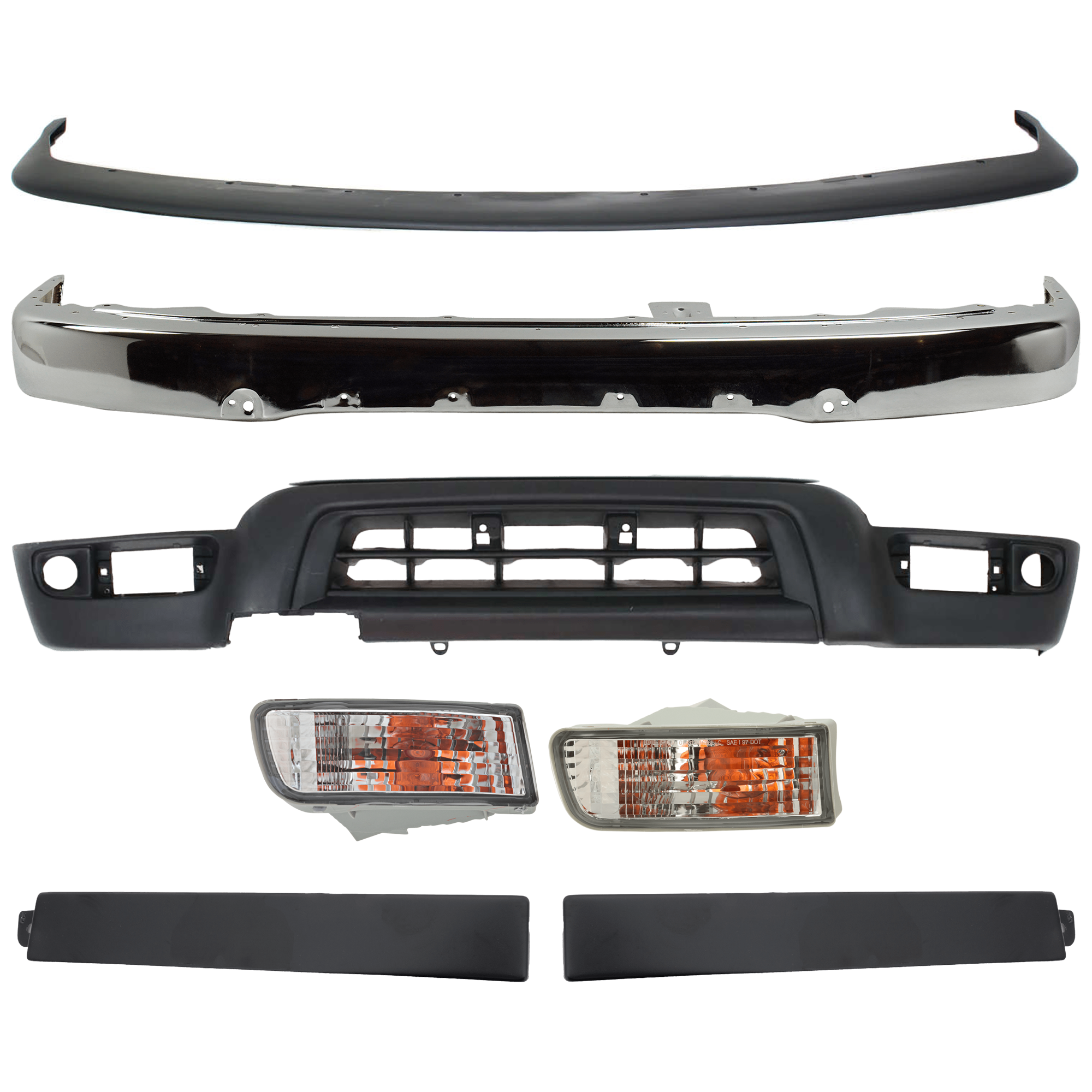 AM 4RUNNER 99-02 FRONT BUMPER 7 pc kit w Bumper Trim Valance Turn Signal Light and Grille Assembly SKU KIT 081324 C182 Partslink TO1002168 TO1087108 TO1088103 TO1089103 TO2531133 TO2530133 TO1095182 OEM 5210135660-5211935020-52513350