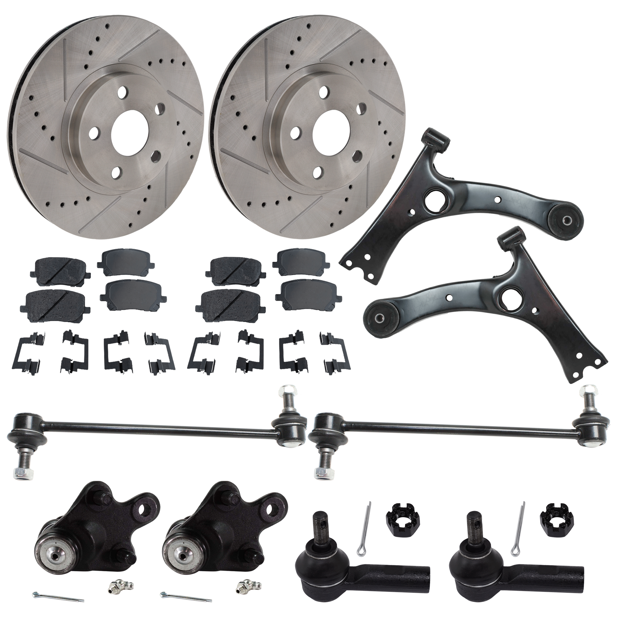 AM VIBE 03-08 FRONT CONTROL ARM RH AND LH Lower w o ball joint s 14 pc Kit with Ball Joint Brake Disc Brake Pad Set Sway Bar Link and Tie Rod End SKU KIT 081324 C183 OEM 4806802021-88970142-4806802020